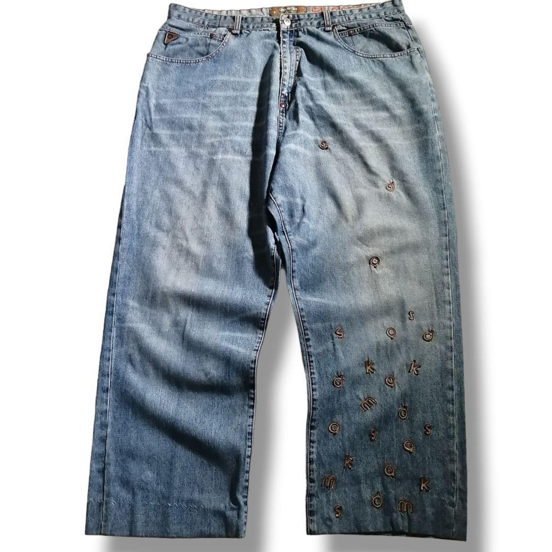AKADEMIKS アカデミクス バギーデニムパンツ 極太ジーンズ ライトブルー B系 アルファベット ワッペン HIPHOP メンズ W42 90s 古着 /3590拍卖