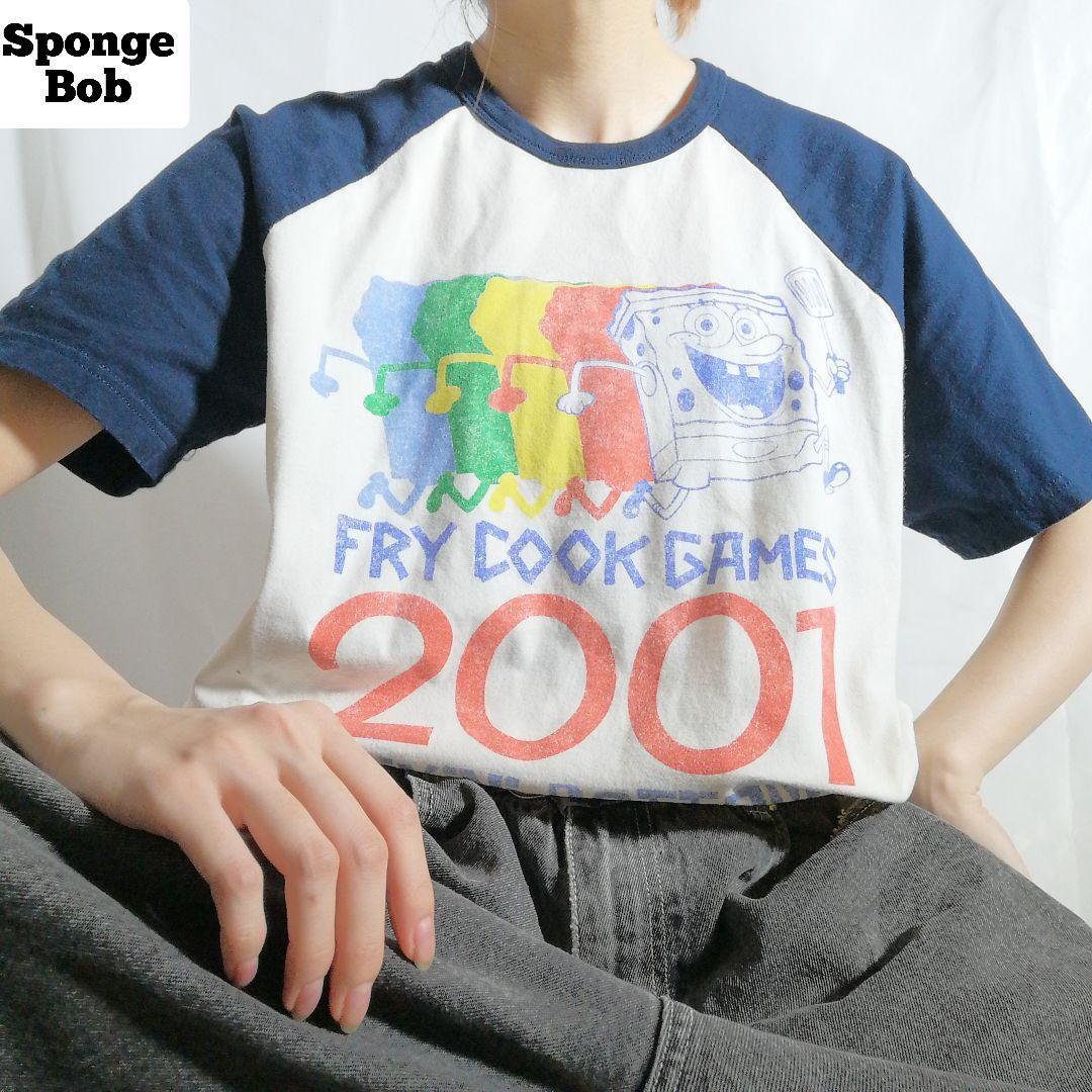 00s スポンジボブ 半袖 ラグランTシャツ Sponge Bob プリントTシャツ カートゥーン キャラクター ムービーT メンズ L 古着 1676拍卖