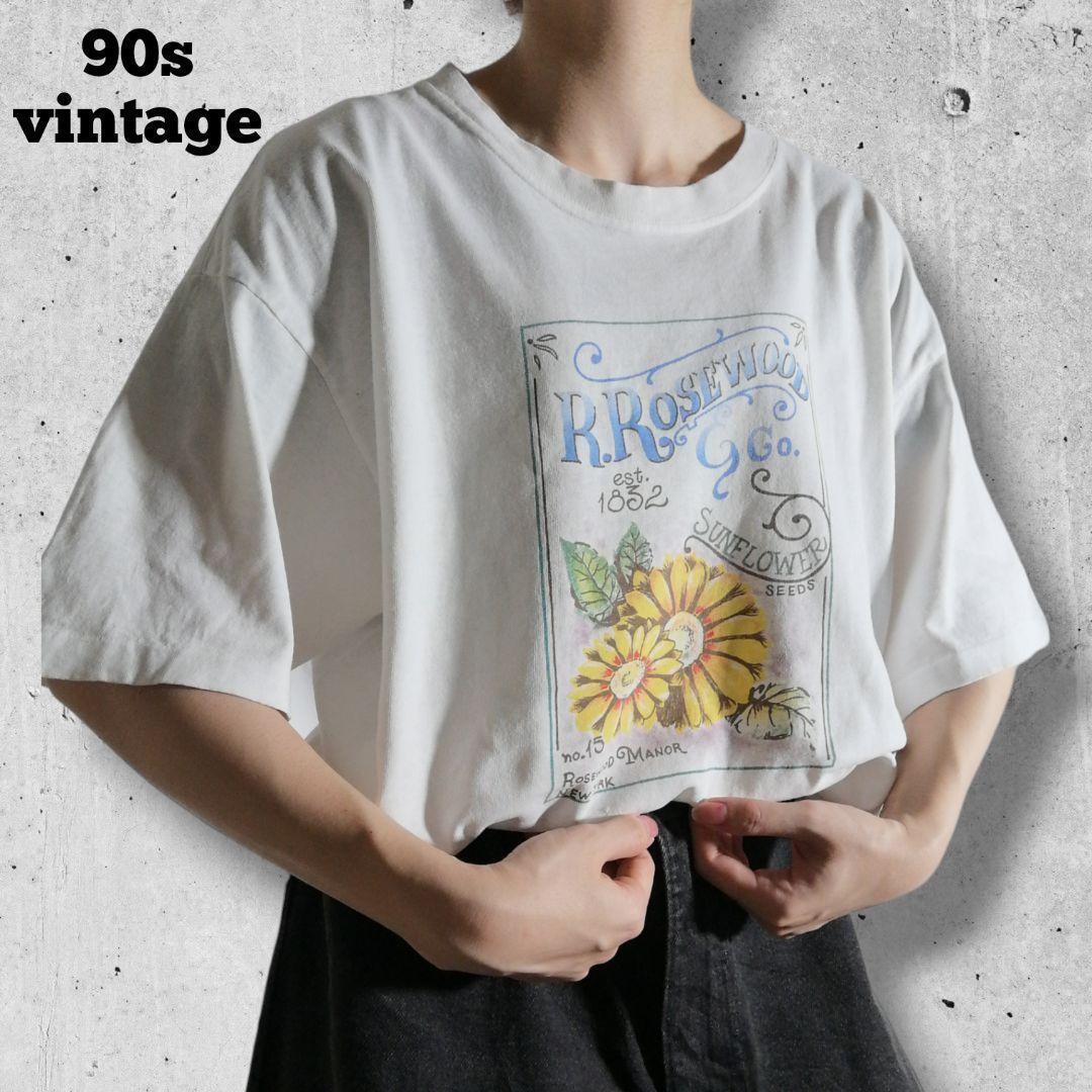 ユーロ ヴィンテージ 古着 花柄 サンフラワー Tシャツ ひまわり ホワイト 白Tシャツ シングルステッチ ビンテージTシャツ メンズ L 1634拍卖