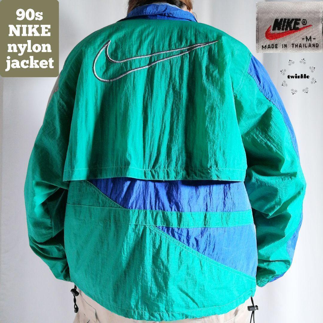 90s NIKE ナイキ ナイロンジャケット ジャンパー ジップアップジャケット マルチカラー スウッシュ 刺繍ロゴ グリーン 緑 メンズ M 2887拍卖