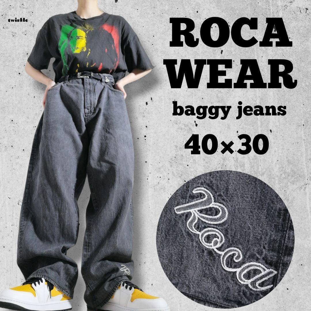 ROCAWEAR ロカウェア B系 ブラックデニム バギーデニムパンツ 墨黒 刺繍ロゴ 極太 オーバーサイズ メンズ W40 ビッグサイズ 古着 3567拍卖