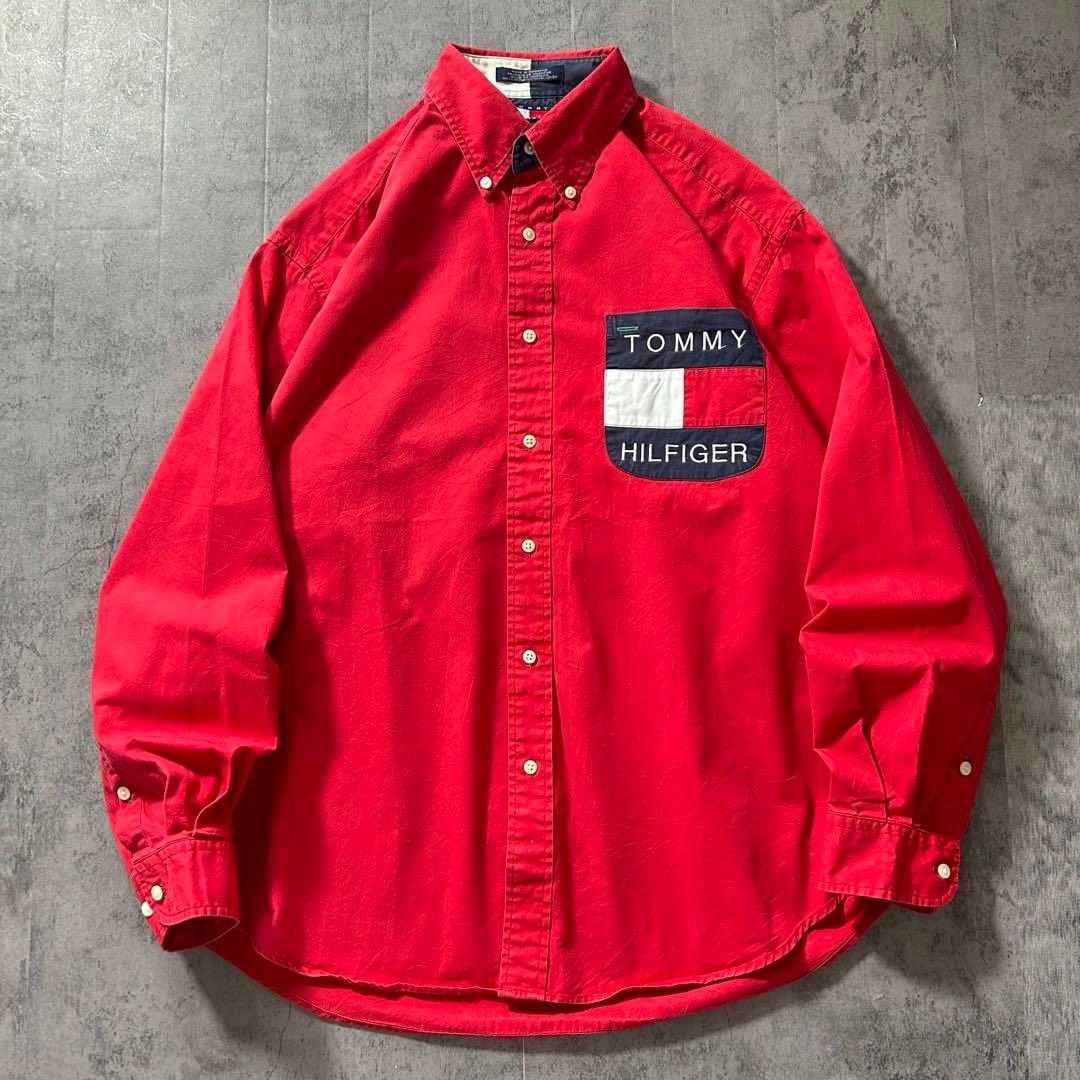 90年代 TOMMY HILFIGER トミーヒルフィガー 長袖 BDシャツ ビッグフラッグ 刺繍ロゴ レッド 赤 メンズ L 古着 / 2995拍卖