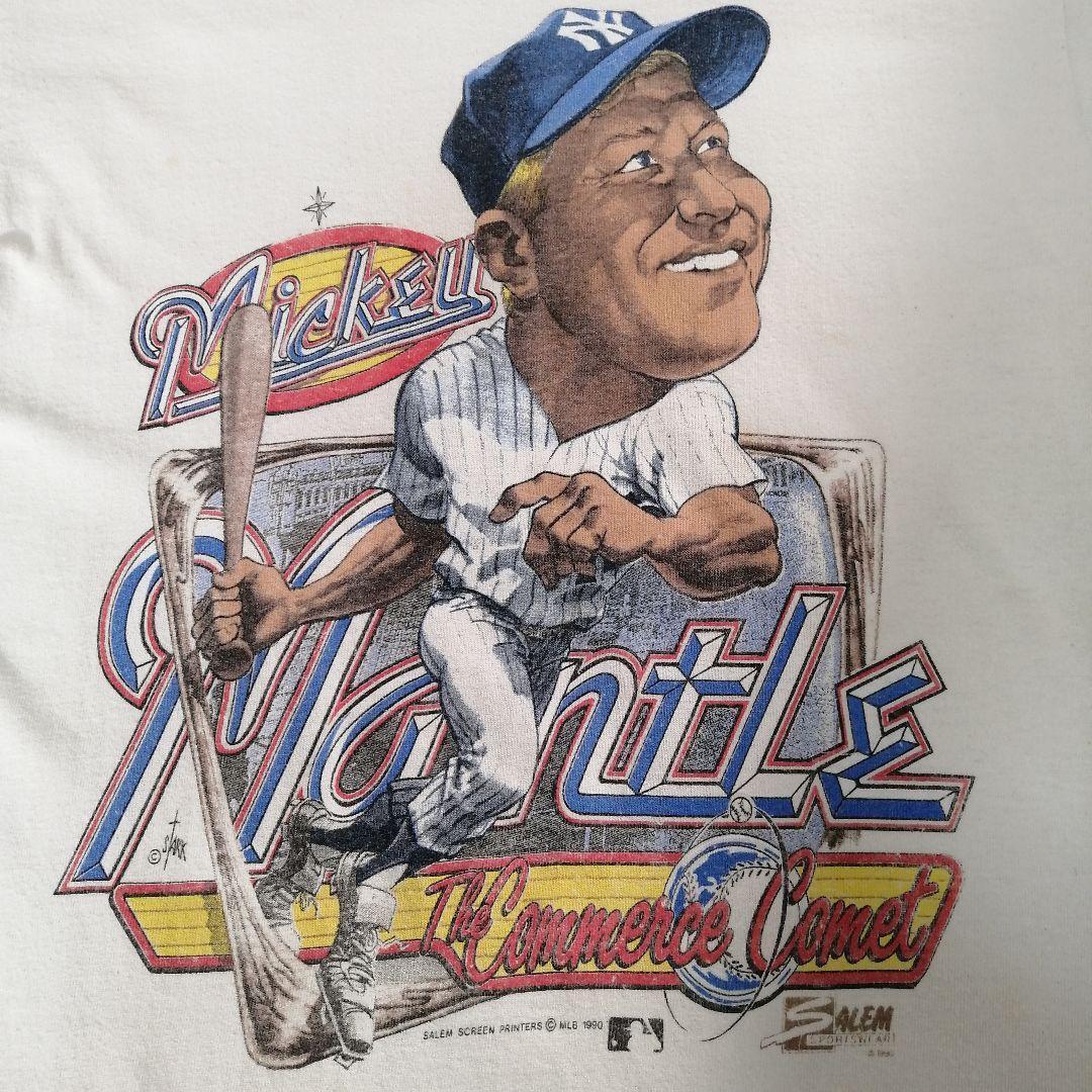 90年代 SALEM MLB NY YANKEES ニューヨーク・ヤンキース ヴィンテージTシャツ Mickey Mantle アート カリカチュア 白 古着 1627拍卖