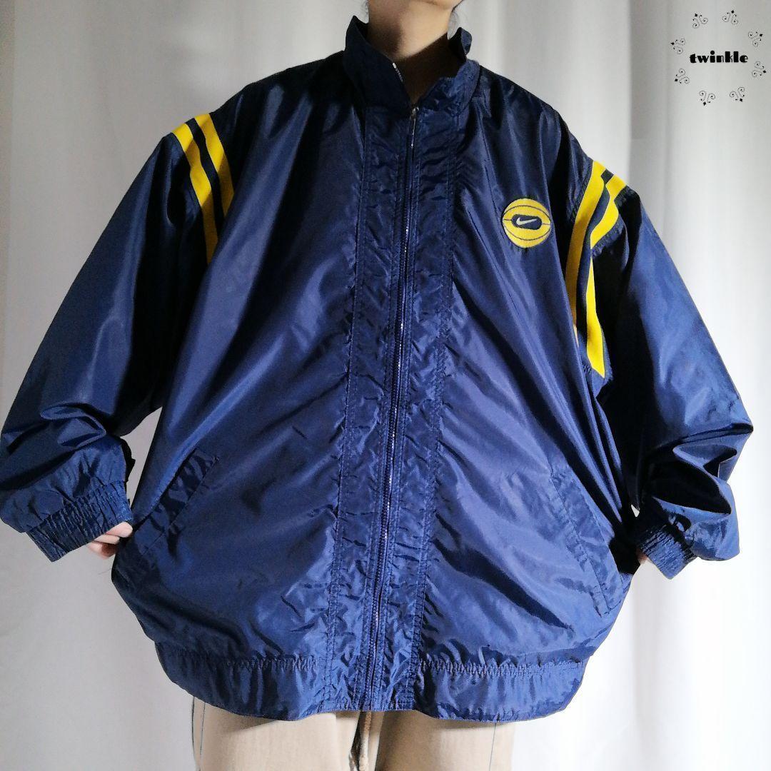 90s NIKE ナイキ ナイロンジャケット 刺繍ロゴ バスケ メンズ XL オーバーサイズ 紺×黄色 好配色 白タグ vintage オールド 2876拍卖
