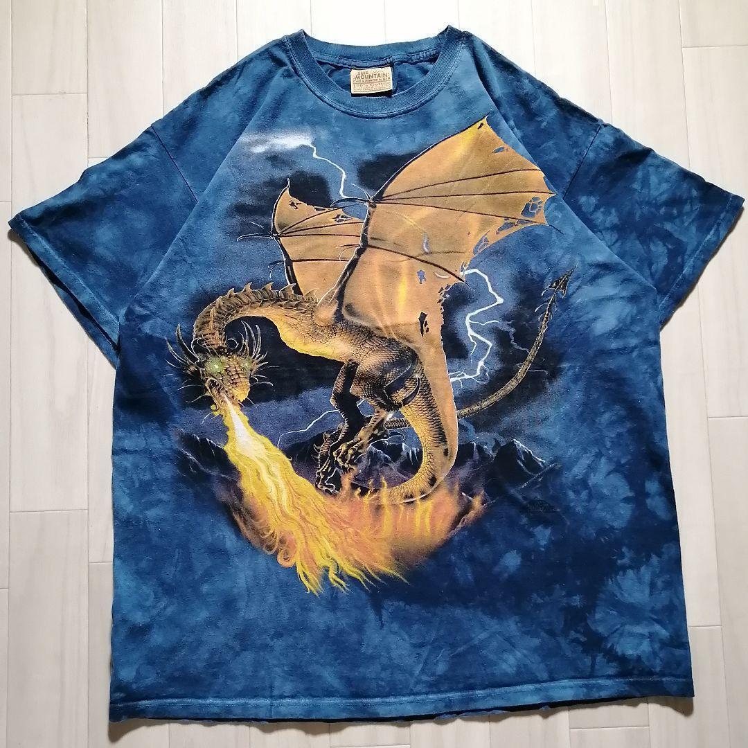 THE MOUNTAIN ザマウンテン アニマルプリントTシャツ 龍 火を噴くドラゴン タイダイ ネイビー メンズ 2XL USA 古着 1573拍卖