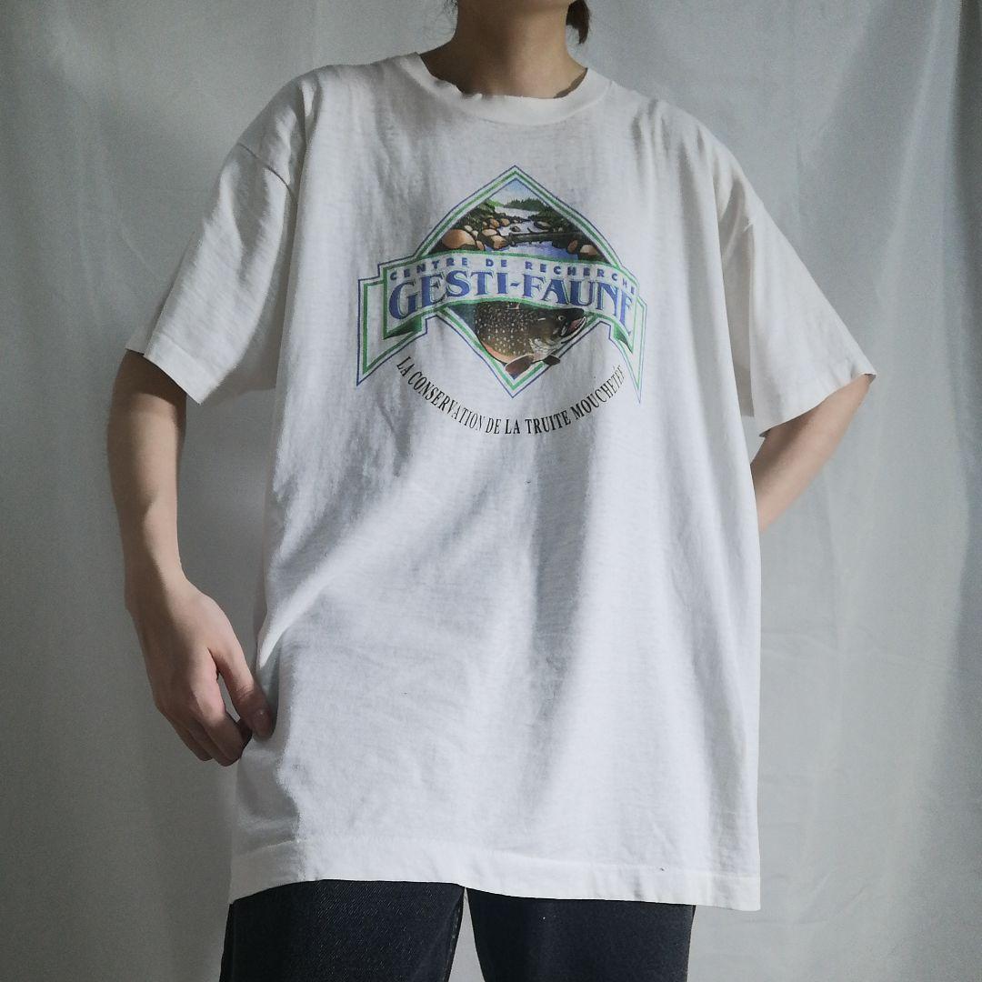 雰囲気系 90s カナダ製 フルーツオブザルーム ヴィンテージTシャツ 魚 襤褸 ボロ シングルステッチ ビンテージ 白 メンズ XL 古着 1720拍卖