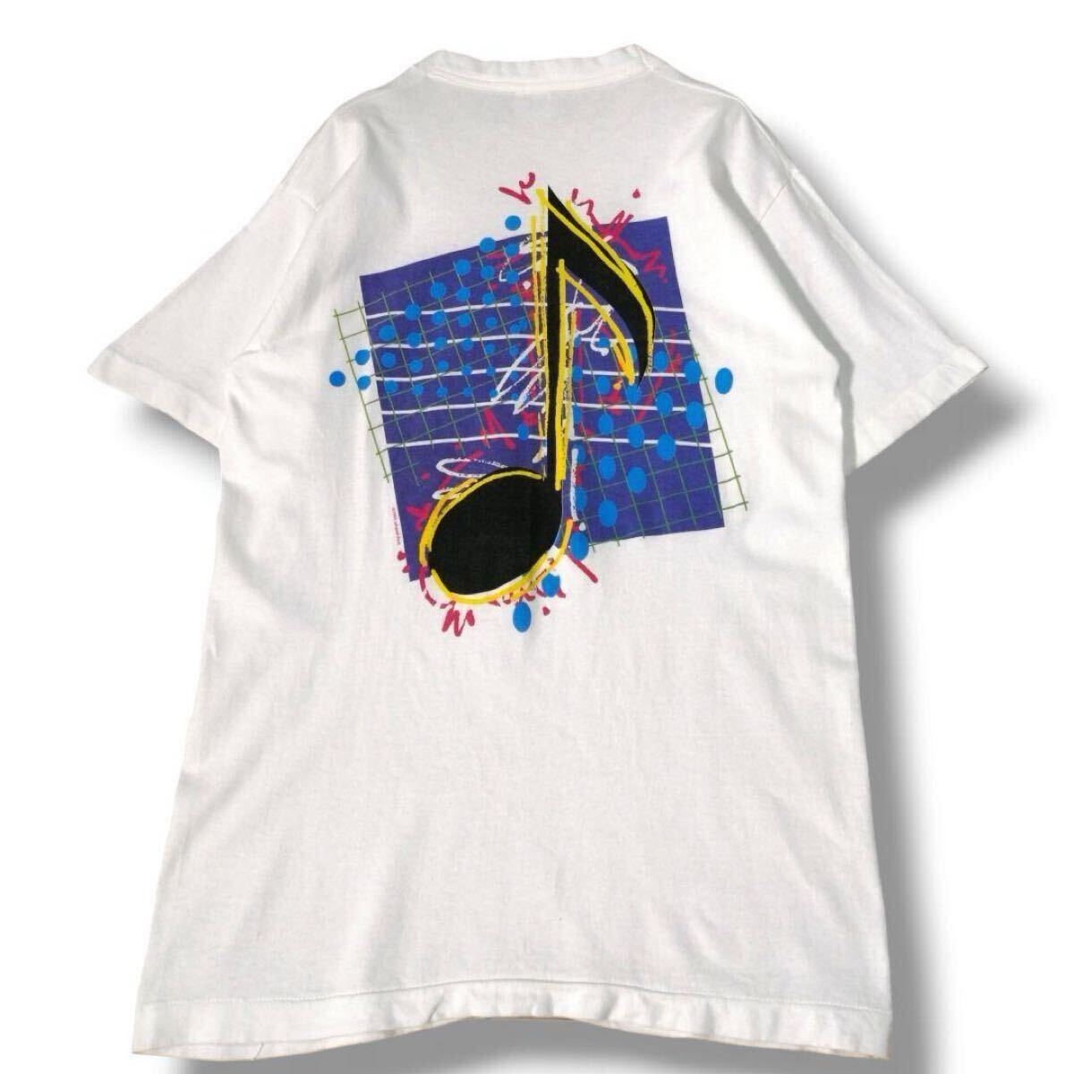 90年代 FRUITS OF THE LOOM フルーツオブザルーム 半袖 プリントTシャツ M メンズ HALE MUSIC STOW M.A 音符 白 ヴィンテージ 古着 / 1652拍卖