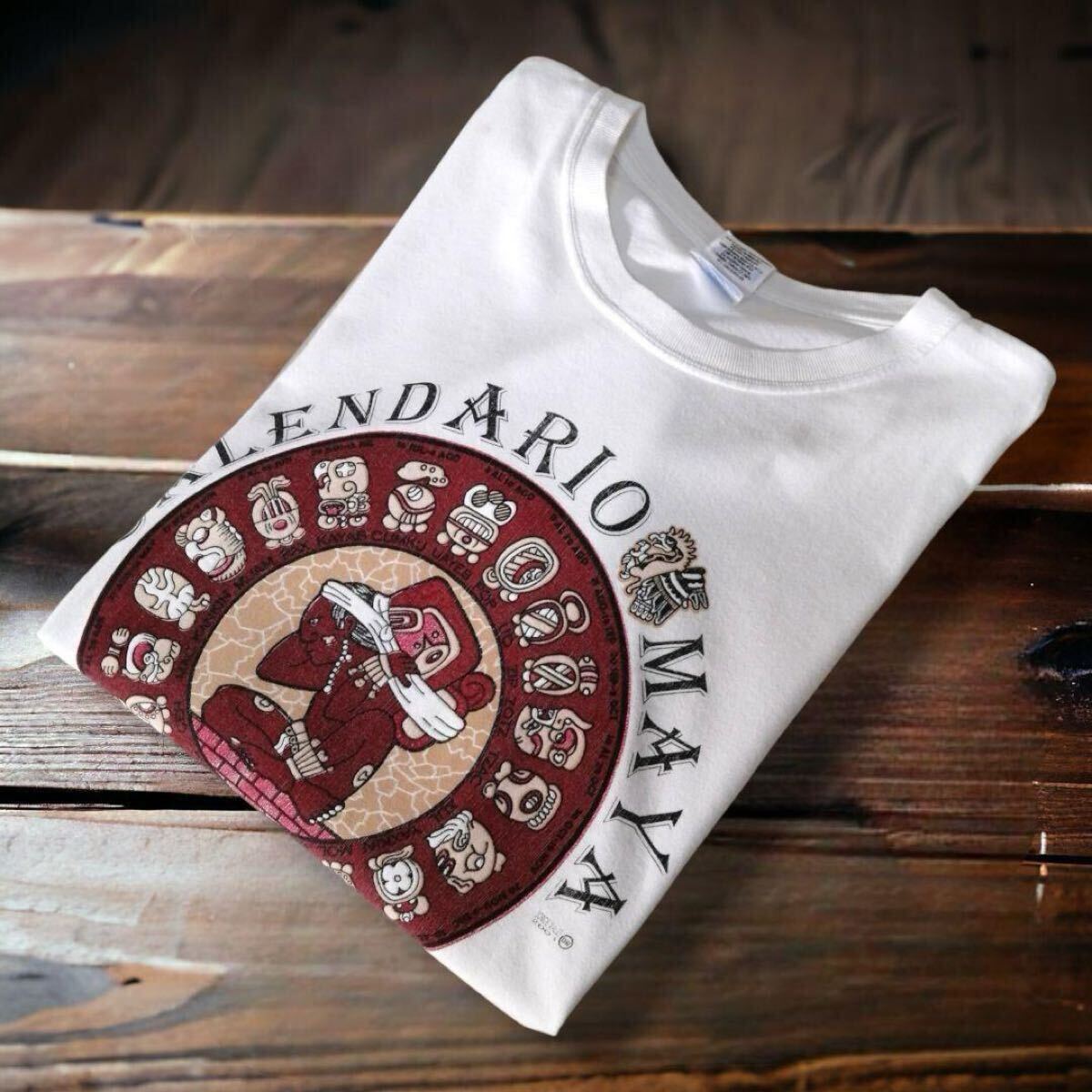 ヴィンテージ マヤ暦 カレンダー 半袖 Tシャツ ホワイト L スーベニア メキシコ チチェン・イッツァ マヤ文明 世界遺産 遺跡 古着 / 1614拍卖
