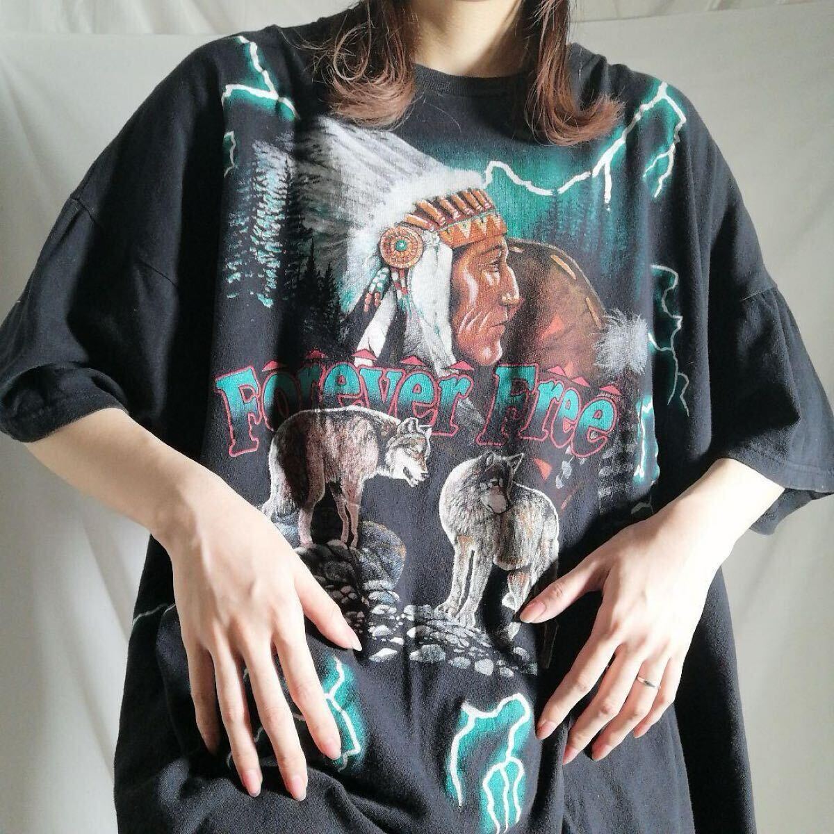 激レア 90年代 アメリカンサンダー USA THUNDER Tシャツ ブラック XL ヴィンテージ 古着 インディアン ウルフ 当時物 アメカジ / 1655拍卖