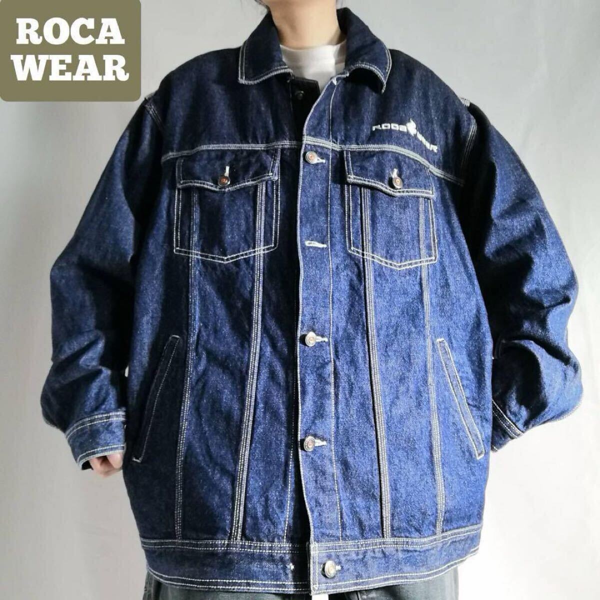90年代 ROCAWEAR ロカウェア デニムジャケット トラッカージャケット Gジャン XL 刺繍 濃紺 HIPHOP B系 ストリート 古着 /m1149拍卖