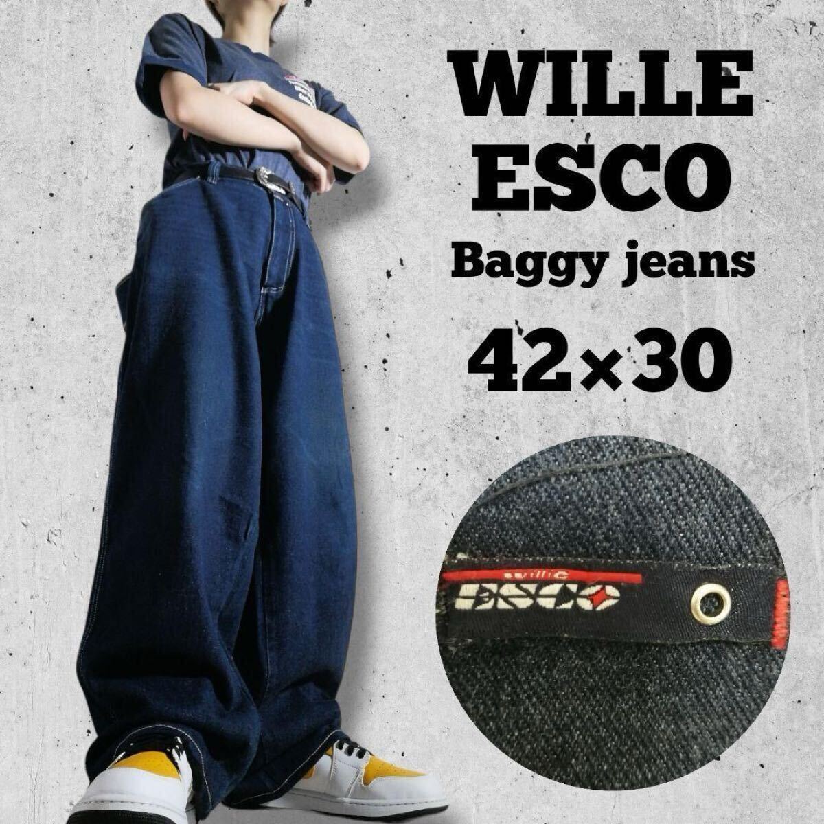 90年代 WILLE ESCO ウィリー エスコ デニム バギーパンツ W42 濃紺 極太 ワイドパンツ HIPHOP チカーノ ストリート B系 古着 /3593拍卖