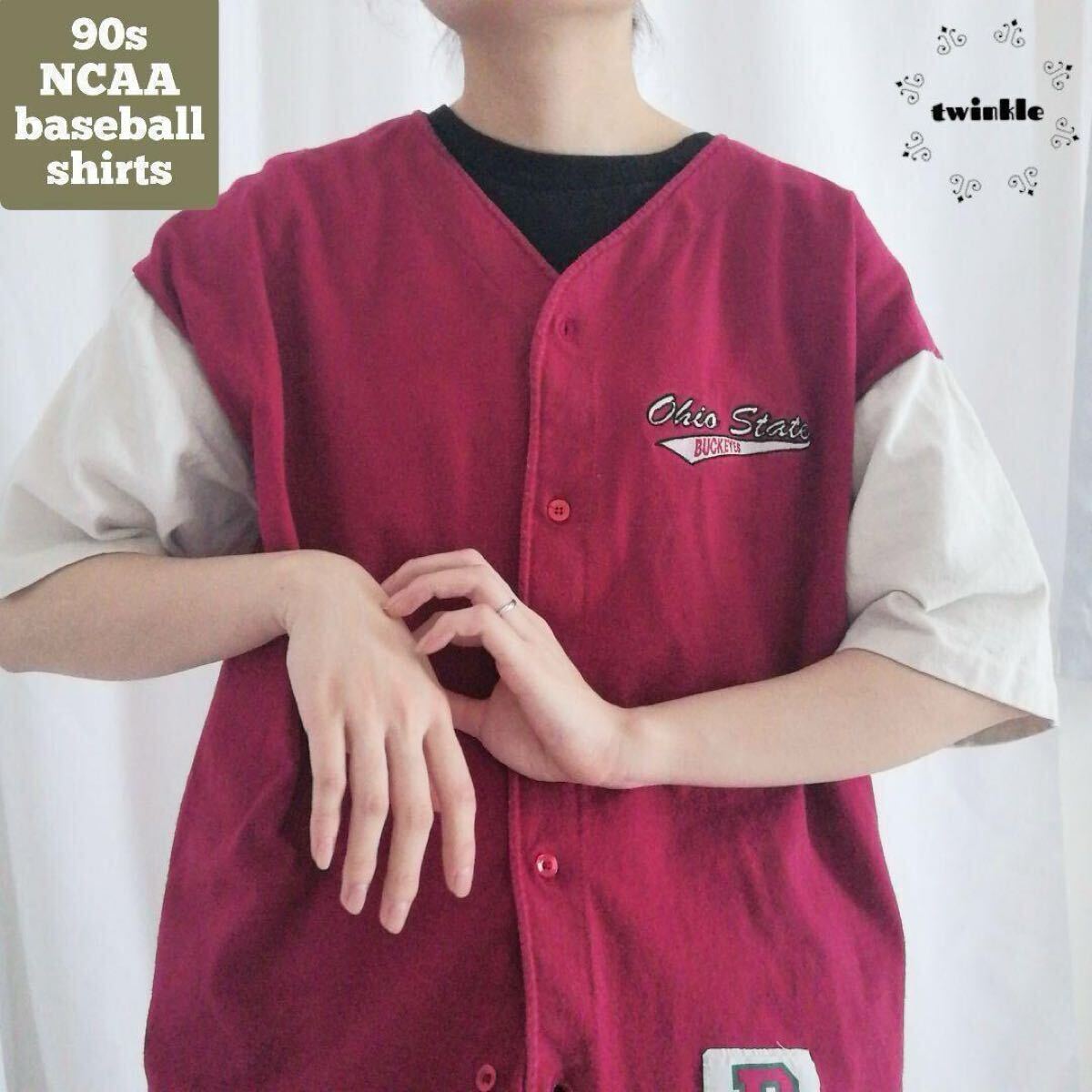 90年代 OHIO STATE BUCKEYES カレッジロゴ 刺繍 ベースボール シャツ XL ユニフォーム USA製 オハイオ アメリカ 古着 ヴィンテージ /1385拍卖