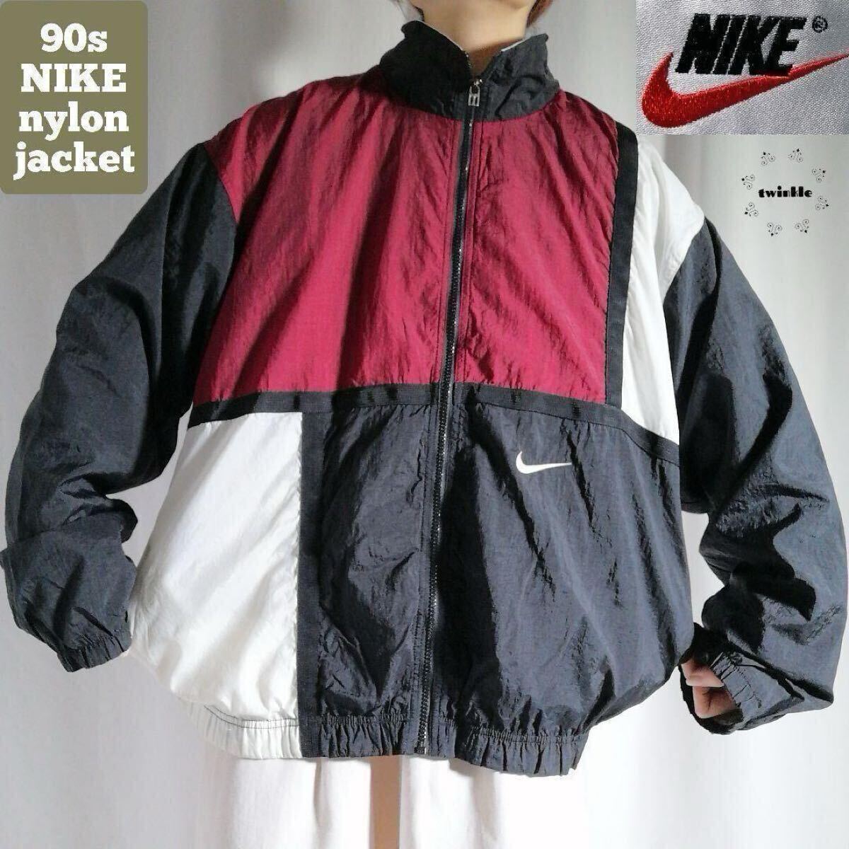 90年代 NIKE ナイロンジャケット L / 90s オールド ナイキ マルチカラー スウッシュ 刺繍ロゴ ブルゾン ジャンパー ヴィンテージ 古着 2908拍卖