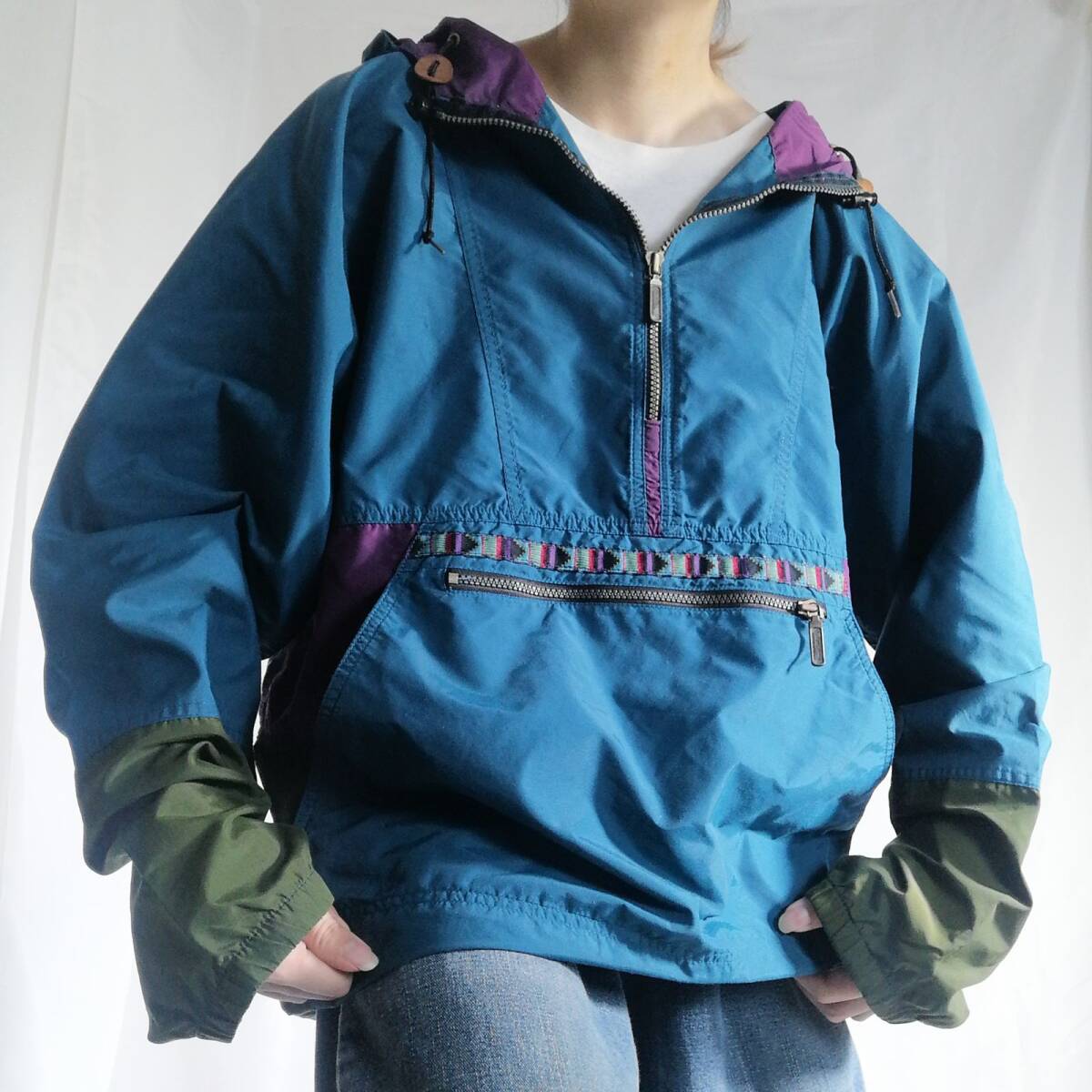 古着 90年代 L.L.bean エルエルビーン アノラックパーカー ハーフジップ ナイロンジャケット メンズ M チロリアンテープ マルチカラー 青緑拍卖