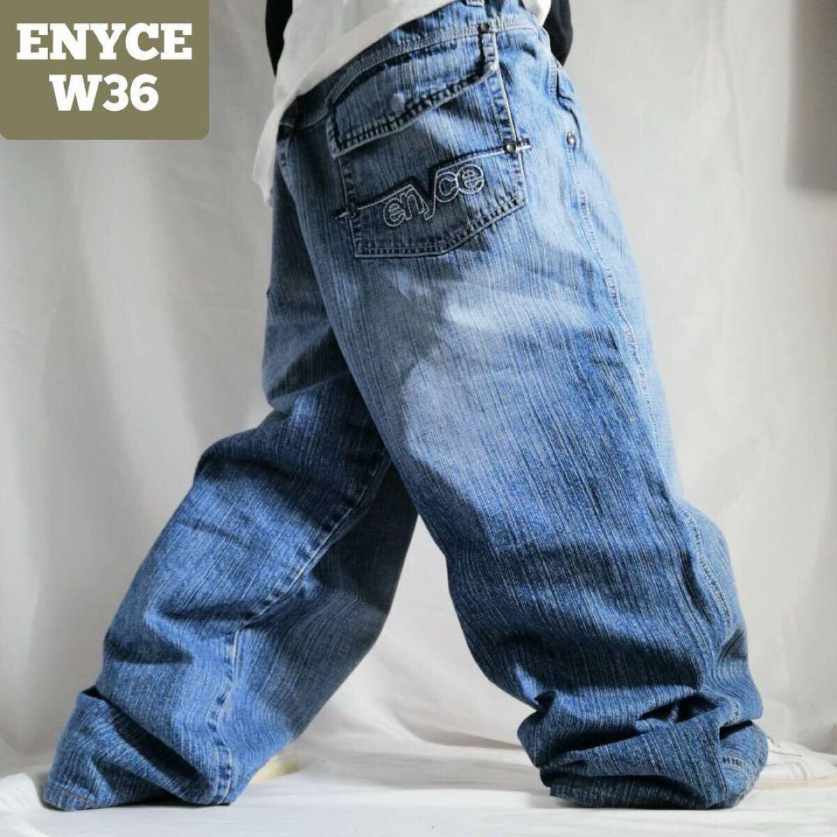 古着 エニーチェ ENYCE バギーデニムパンツ ポケット刺繍 バックロゴ バギージーンズ ボトム ブルー メンズW36 00s Y2K ストリート拍卖