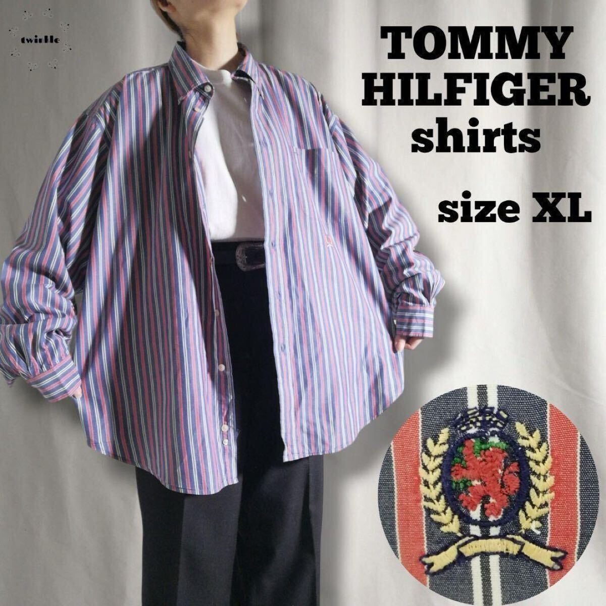 90s TOMMY HILFIGER トミーヒルフィガー 長袖シャツ ストライプシャツ ボタンダウン 刺繍ロゴ メンズ XL マルチカラー 古着 /2974拍卖