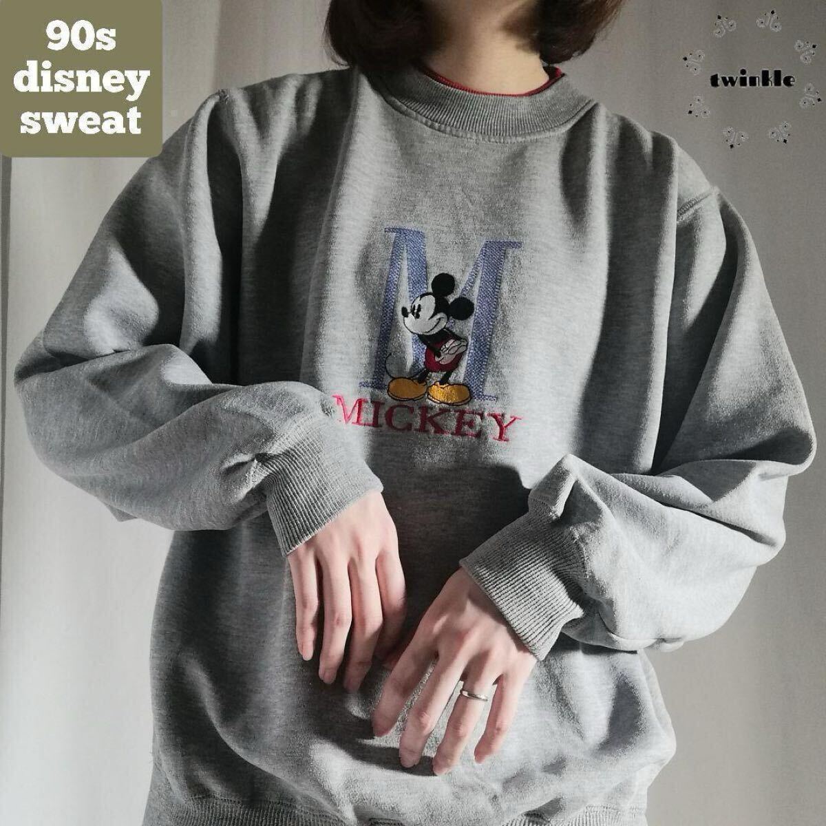 古着 90年代 90s Disney ヴィンテージディズニー 刺繍 スウェット トレーナー ミッキーマウス レディース L グレー 灰色 /2578拍卖
