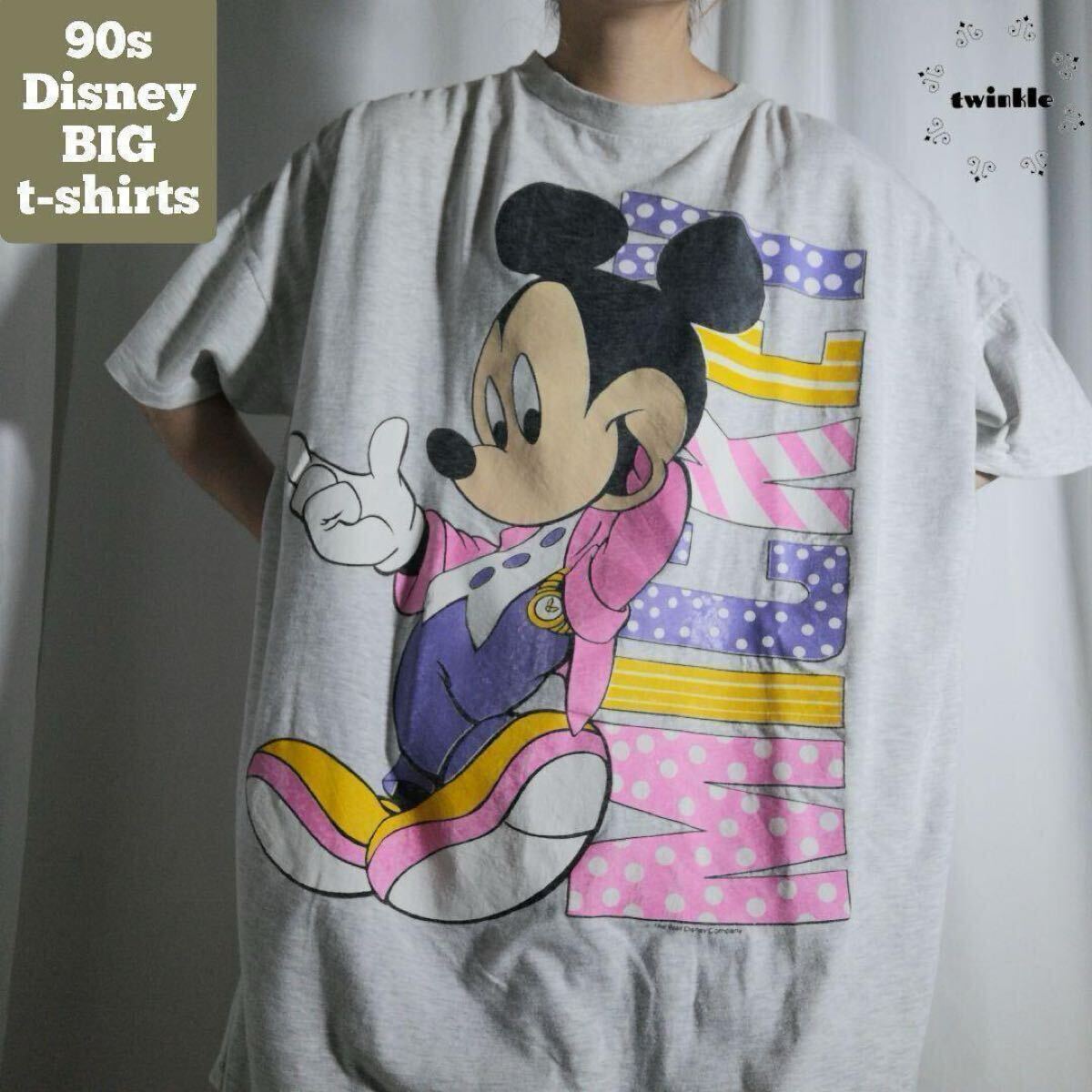 古着 USA製 DISNEY ヴィンテージ ディズニー ミッキー シングルステッチ 半袖 プリントTシャツ オーバーサイズ グレー ビンテージ 1481拍卖