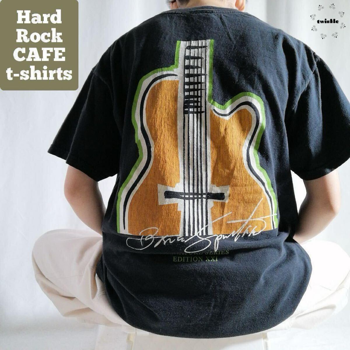 古着 00s ハードロックカフェ HardRockCAFE バックプリント ロゴ Tシャツ ブラック 黒 ギター メンズ M 1585拍卖