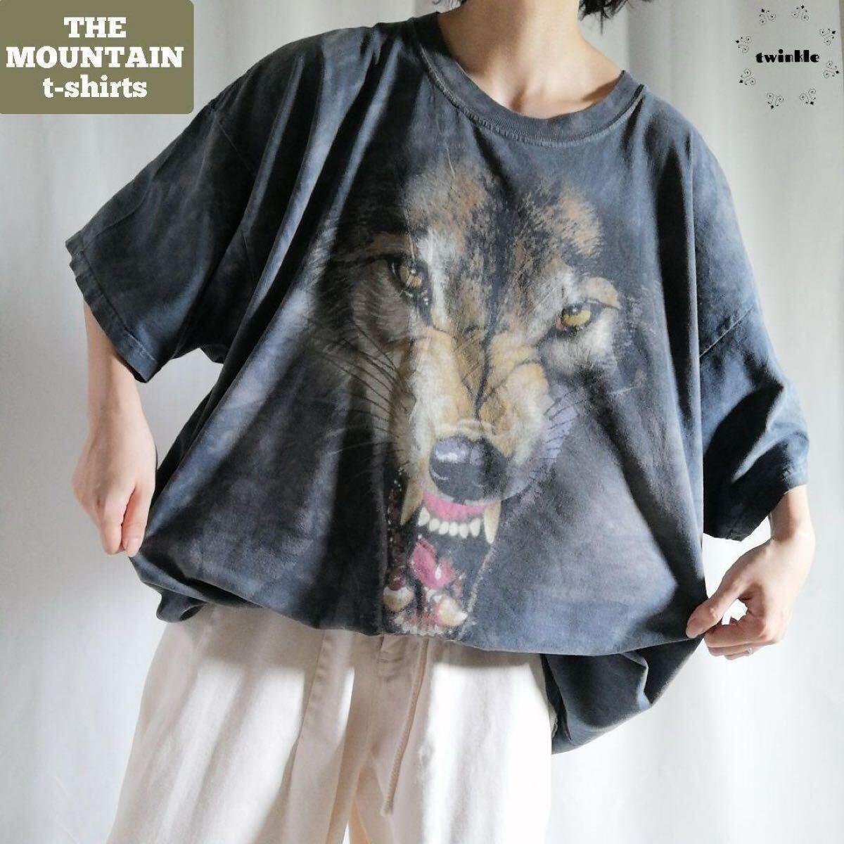 古着 00s THE MOUNTAIN ザマウンテン アニマルプリント 半袖 Tシャツ オオカミ タイダイ グレー メンズ 2XL ビッグサイズ 1579拍卖