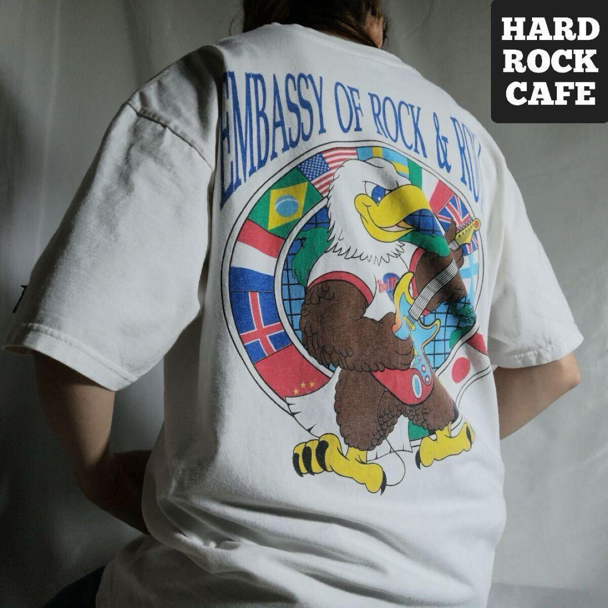 90s USA製 Hard Rock CAFE ハードロックカフェ バックプリント 両面プリント Tシャツ アニマル 鷲 ワシントンDC ホワイト メンズ L 1719拍卖