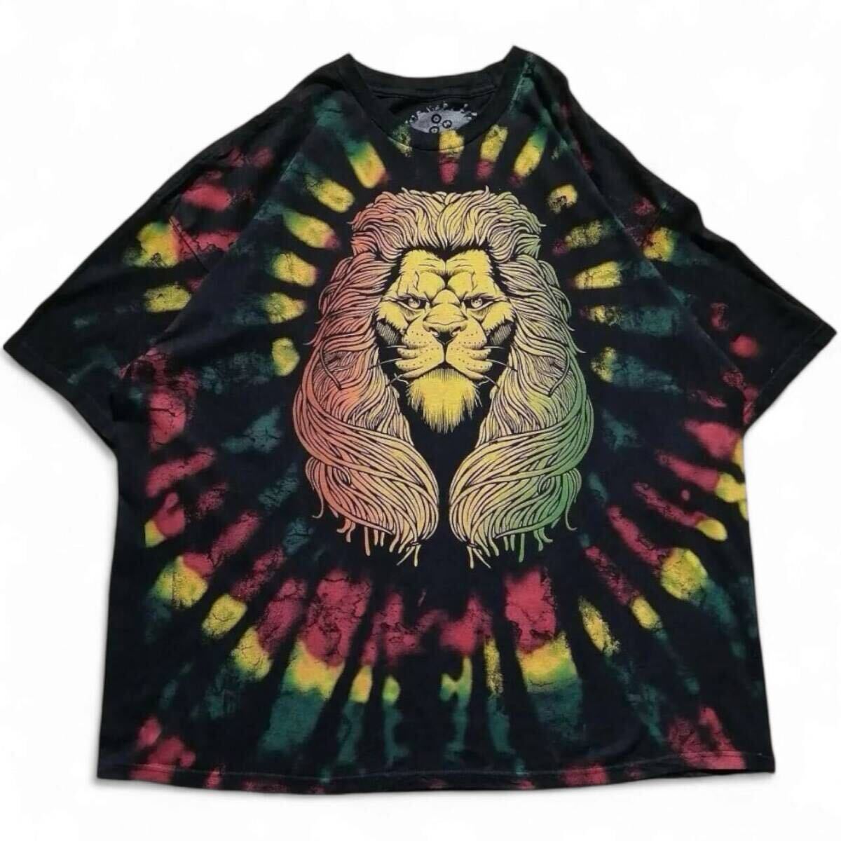 古着 00s Rasta Lion tye-dye Tshirt アニマルTシャツ ライオン タイダイTシャツ ラスタカラー ブラック 黒 メンズ3XL / 1471拍卖