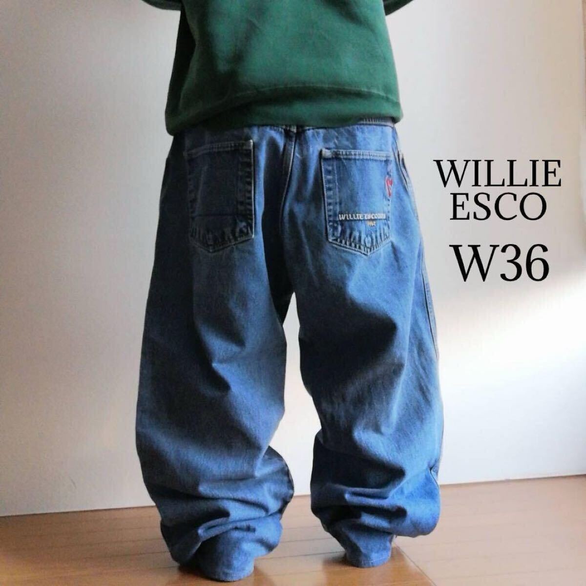 WILLIE ESCO ウィリー エスコ バギーデニムパンツ 刺繍ロゴ ブルー ジーンズ B系 メンズ W36 古着 y2k HIPHOP スケーター / 3793拍卖