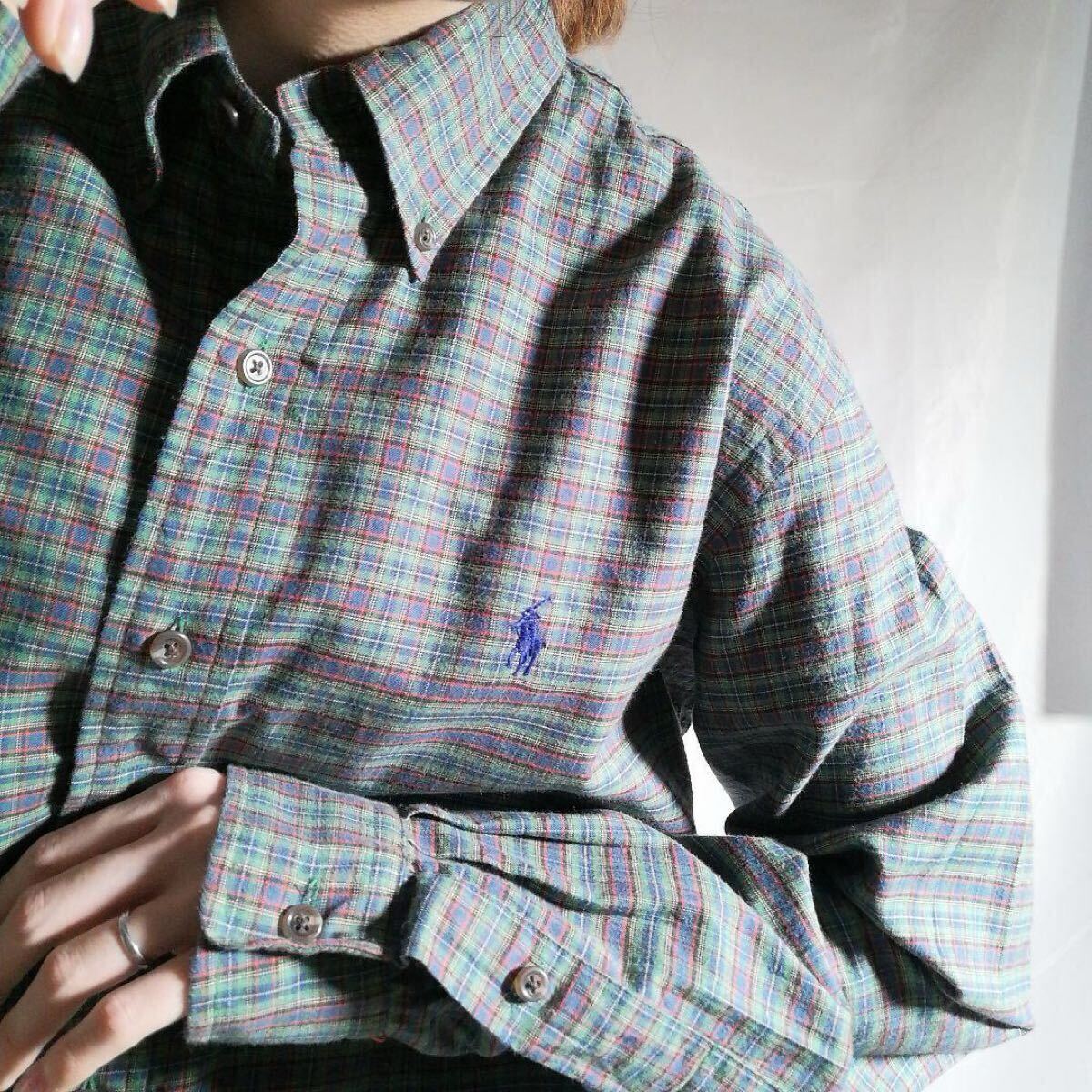 美品 90s ラルフローレン RALPH LAUREN CUSTOM FIT カスタムフィット 長袖シャツ チェックシャツ 刺繍ロゴ グリーン 緑 メンズ M 古着 2987拍卖