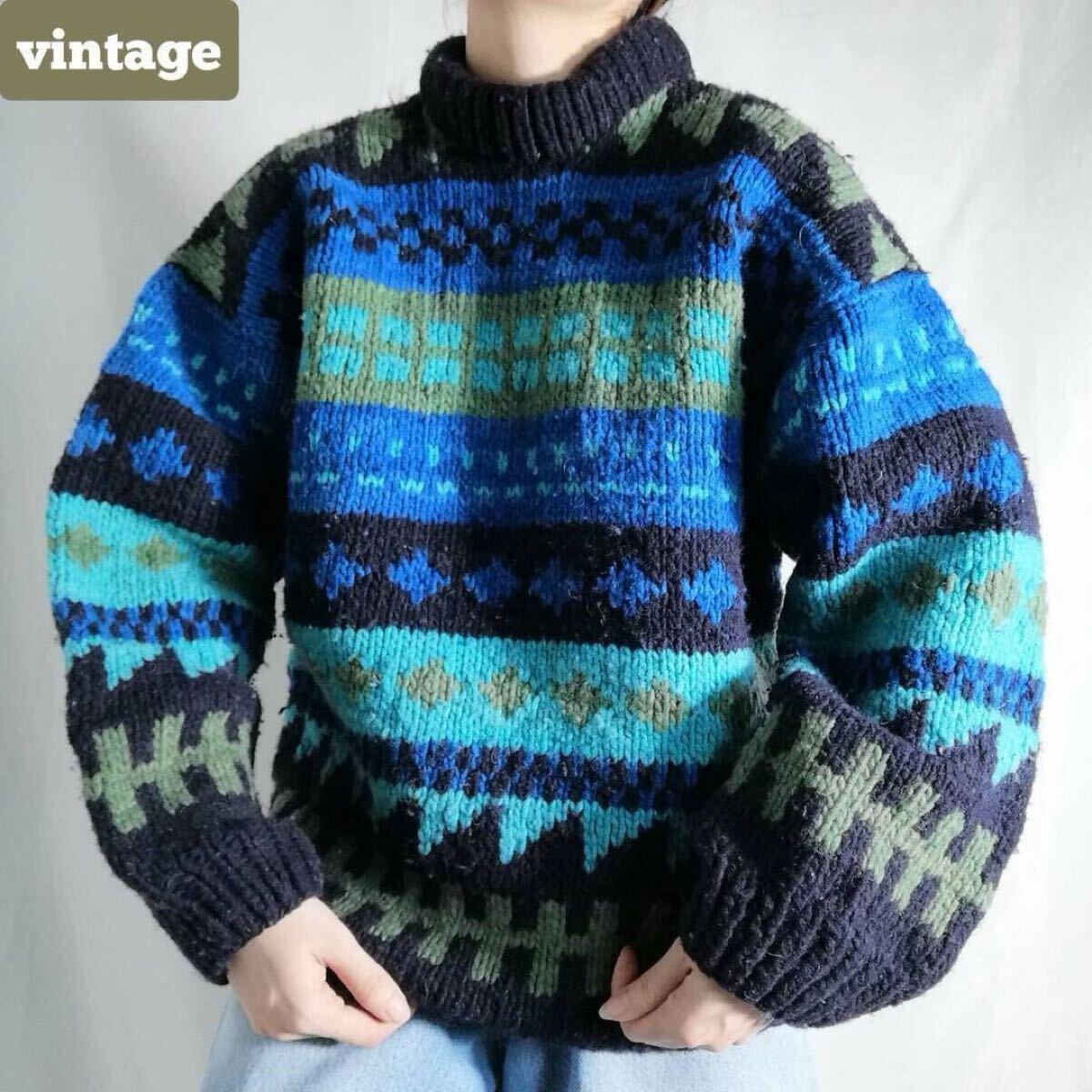 80年代 90年代 VINTAGE エクアドルニット ヴィンテージ ウール セーター 厚手 幾何学模様 ジオメトリック 総柄 ブルー 古着 ユニセックス拍卖