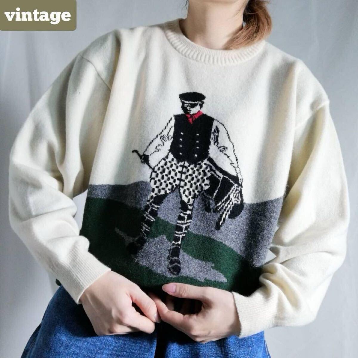 ビンテージ 古着 ウールニット ラム混 クルーネック プルオーバー セーター ゴルフ GOLF 人物 刺繍 vintage 昭和レトロ ユニセックス拍卖