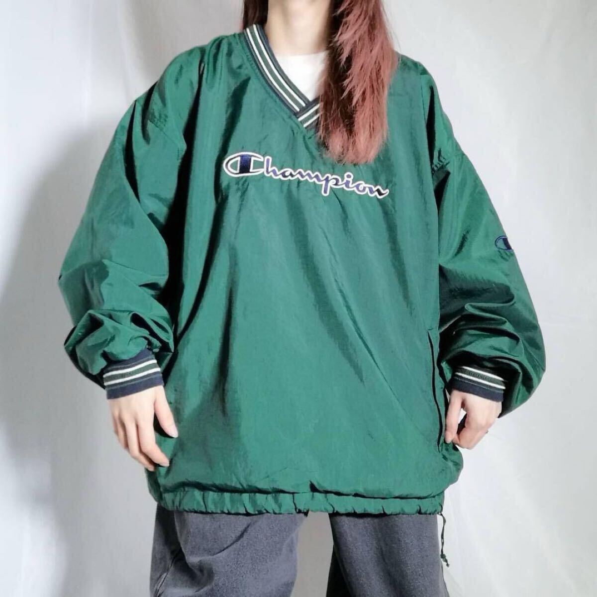 90年代 Champion チャンピオン プルオーバージャケット ナイロンプルオーバー ピステ スクリプトロゴ刺繍 グリーン 古着 XL / A3020拍卖