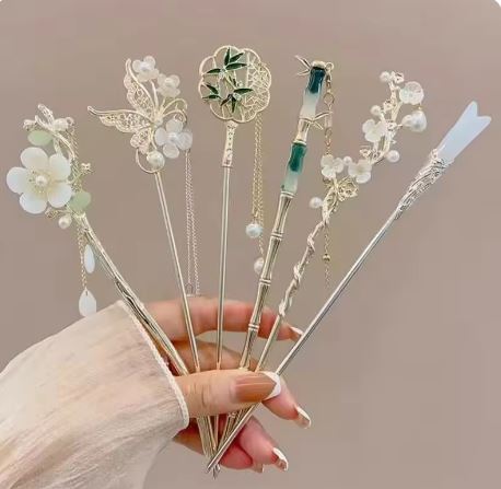 【新品】花柄ヘアスタイル ヘアピン エレガント 髪飾り 中国風 ヘアニードル 結婚式 パーティー ①~⑥(6つセット)拍卖