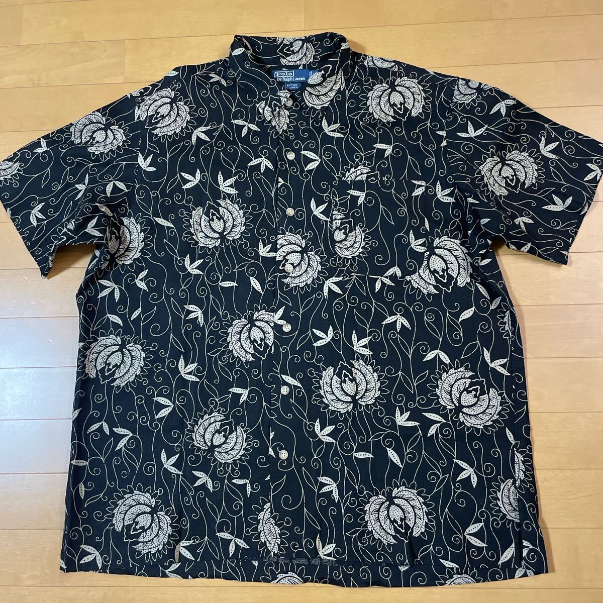 極上美品 L レア柄 ralph lauren clayton リネン ブラック 総柄 半袖シャツ オープンカラー 開襟 花柄 ラルフローレン 黒 caldwell拍卖