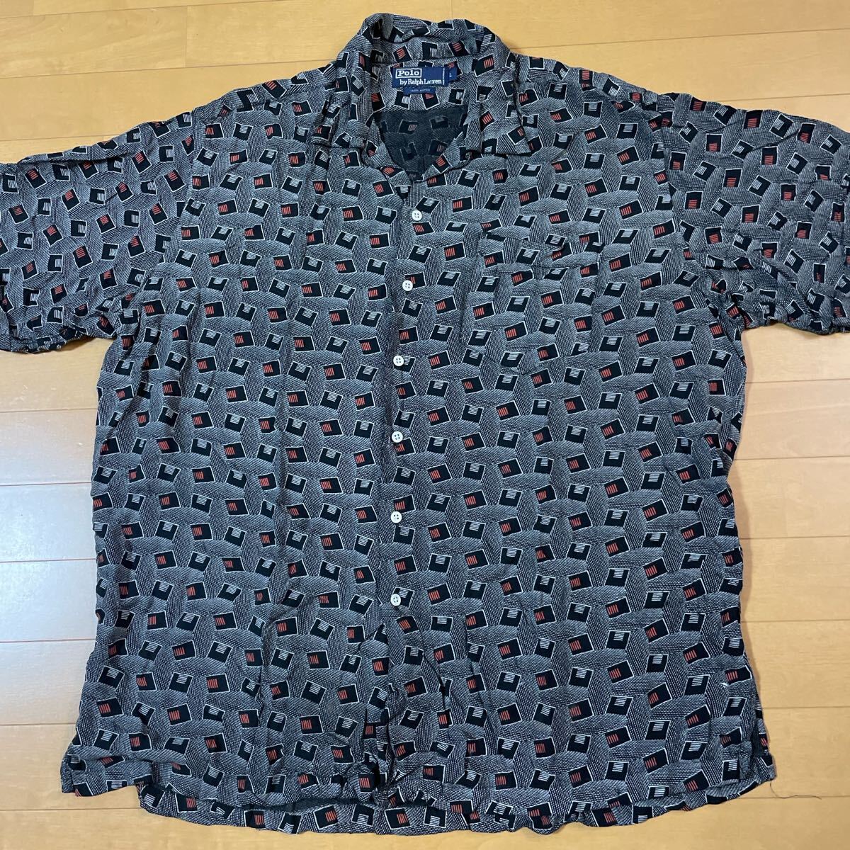 レア柄 黒 レーヨン ralph lauren 総柄 半袖シャツ オープンカラー 開襟 ラルフローレン caldwell ブラック拍卖