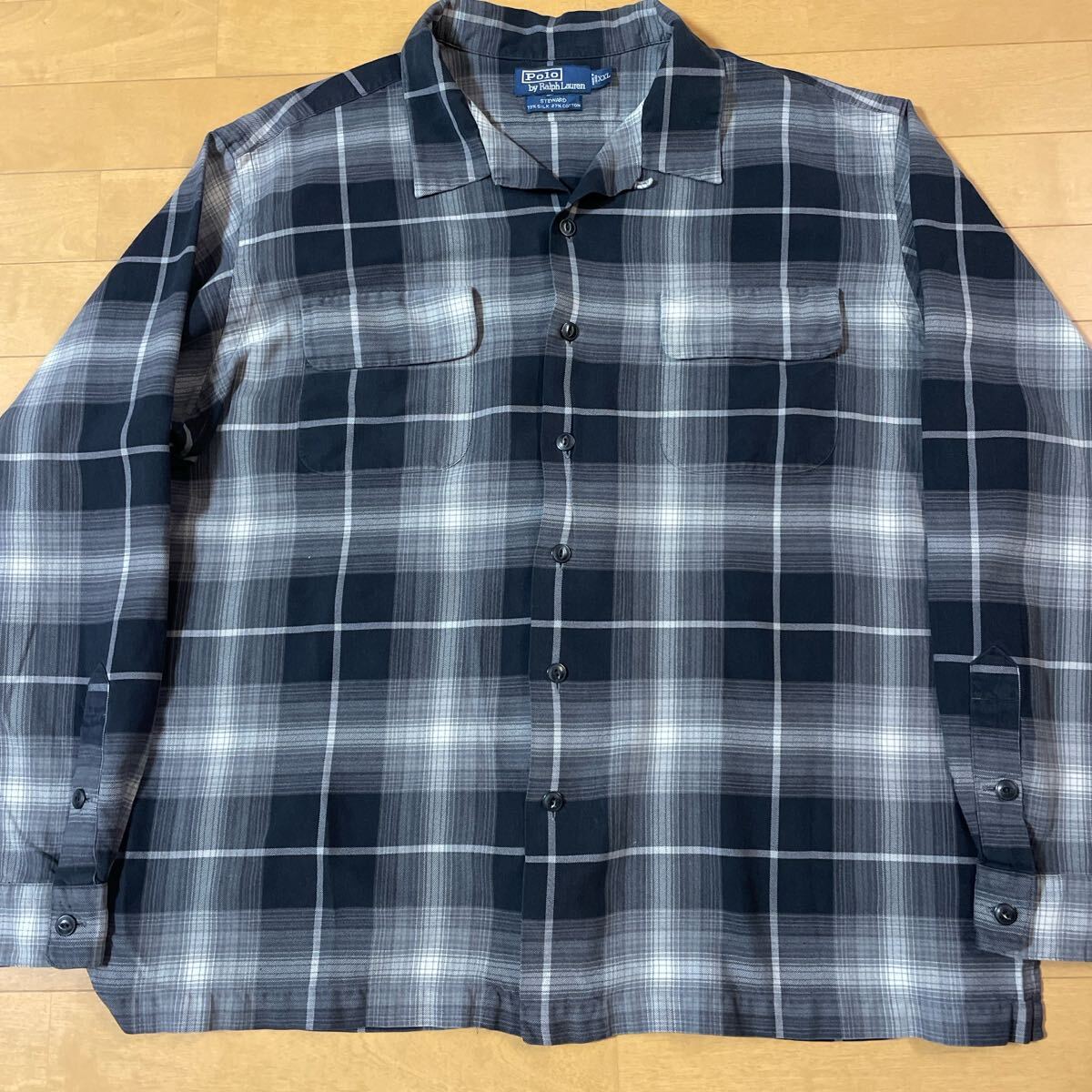 XXL 黒 オンブレ シルク コットン 長袖 ralph lauren シャツ オープンカラー ラルフローレン 開襟 ビンテージ caldwell STEWARD拍卖