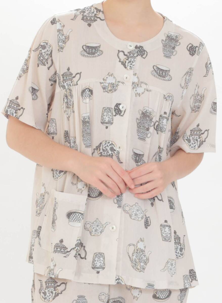 サイズM~L ナルエー 半袖パジャマ 9分丈ズボン 新品タグ付き未開封 楊柳ネコポット ギャザー 綿100%拍卖