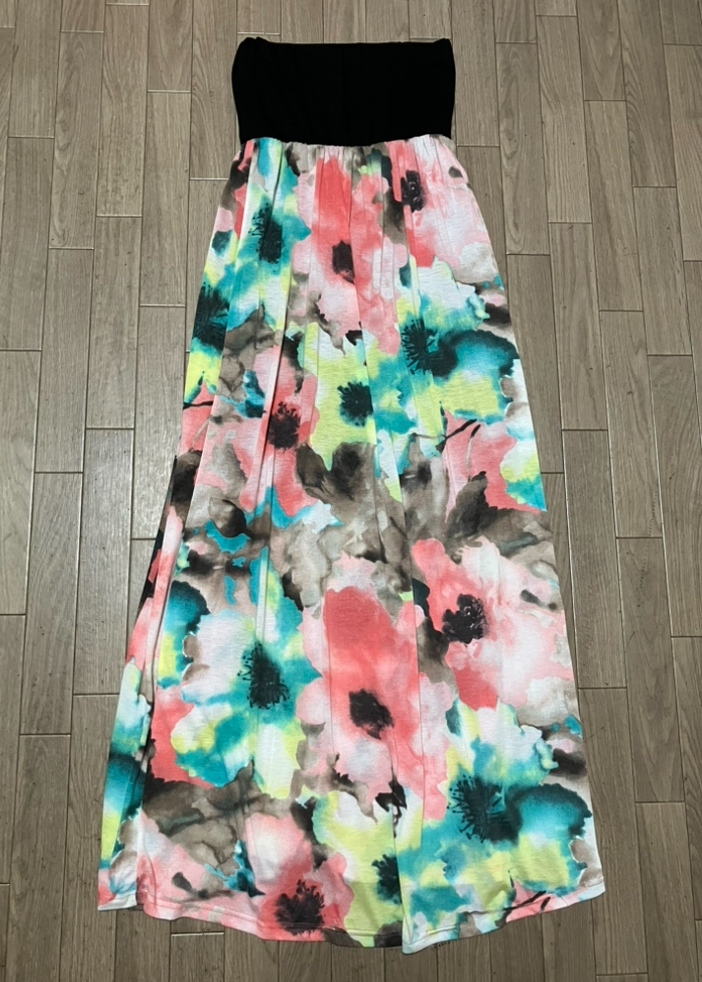 USED★ GALSTAR 黒×カラフルお花柄マキシベアワンピ サイズ M拍卖