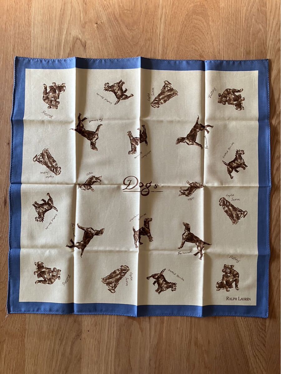 90s RALPH LAUREN ラルフローレン ハンカチ ブルー×クリーム/犬柄(総柄パターン) デッドストック拍卖
