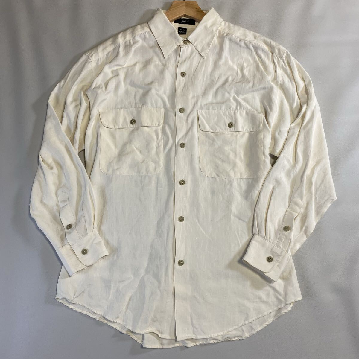 phiz フィズ 100%シルク 長袖シャツ 生成り L相当 90s シルクシャツ ホワイト メンズ カジュアル拍卖