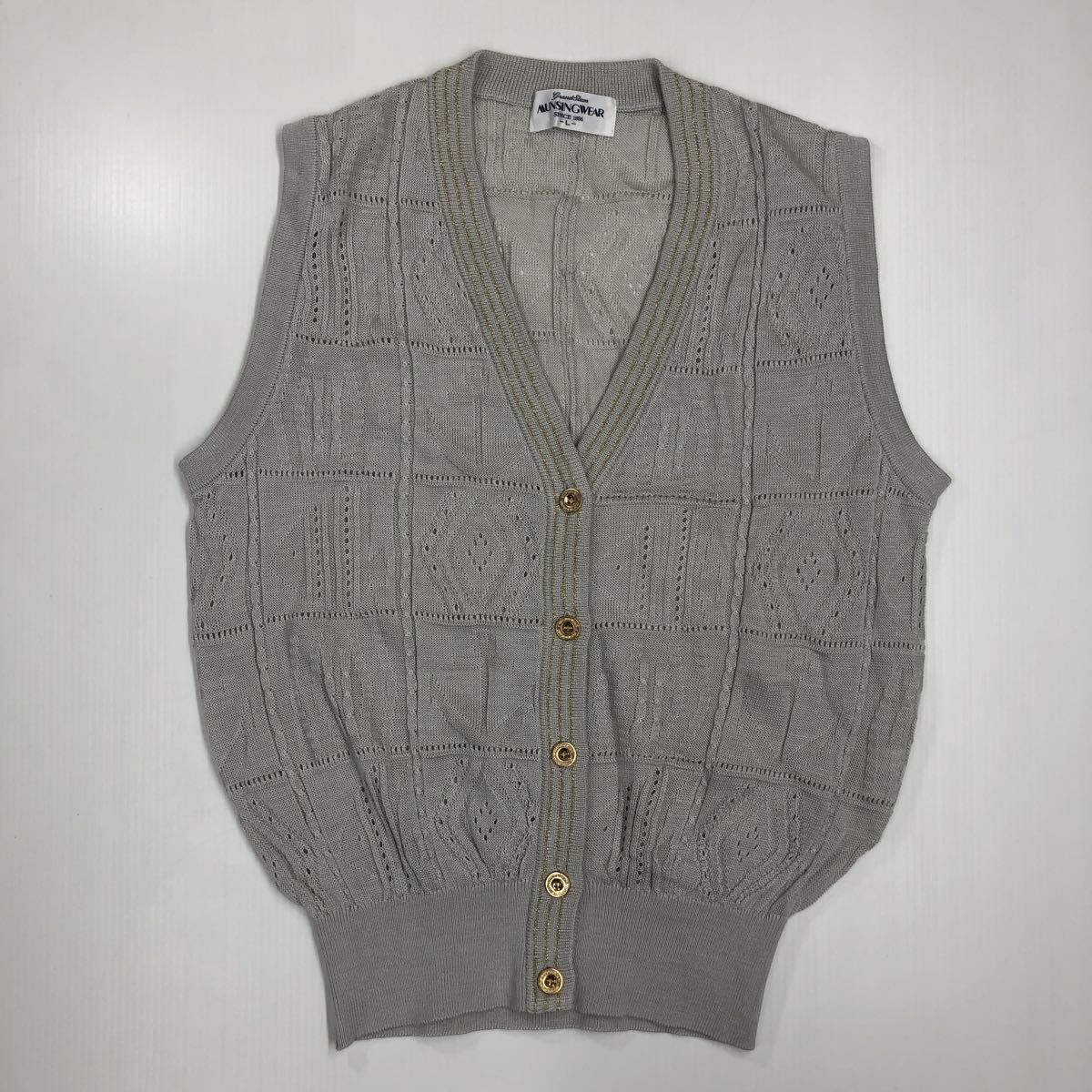 munsingwear gland slam マンシングウェア ニットベスト 麻混 金ボタン 日本製 ゴルフ レディース Lサイズ 48-24拍卖