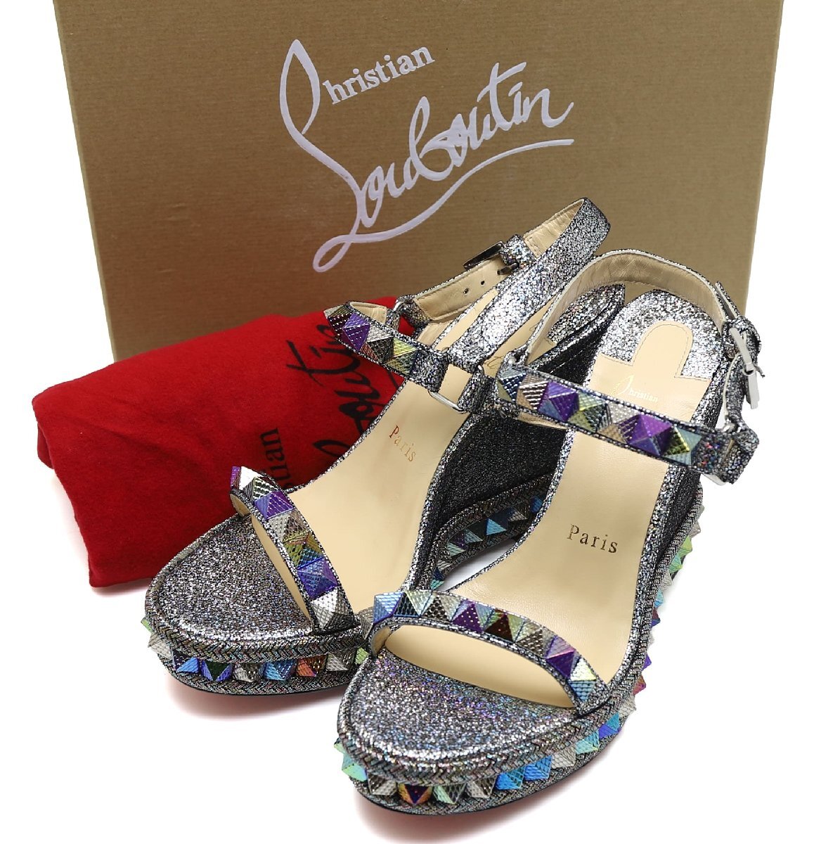 未使用品 クリスチャンルブタン ピラクルー サンダル ウェッジソール ピラミッドスタッズ シルバー サイズ37 24cm拍卖