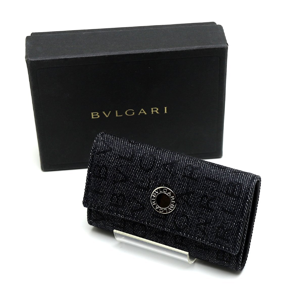 中古品 ブルガリ クラシコ ロゴマニア 6連キーケース デニム レザー ダークブルー シルバー金具 20235拍卖