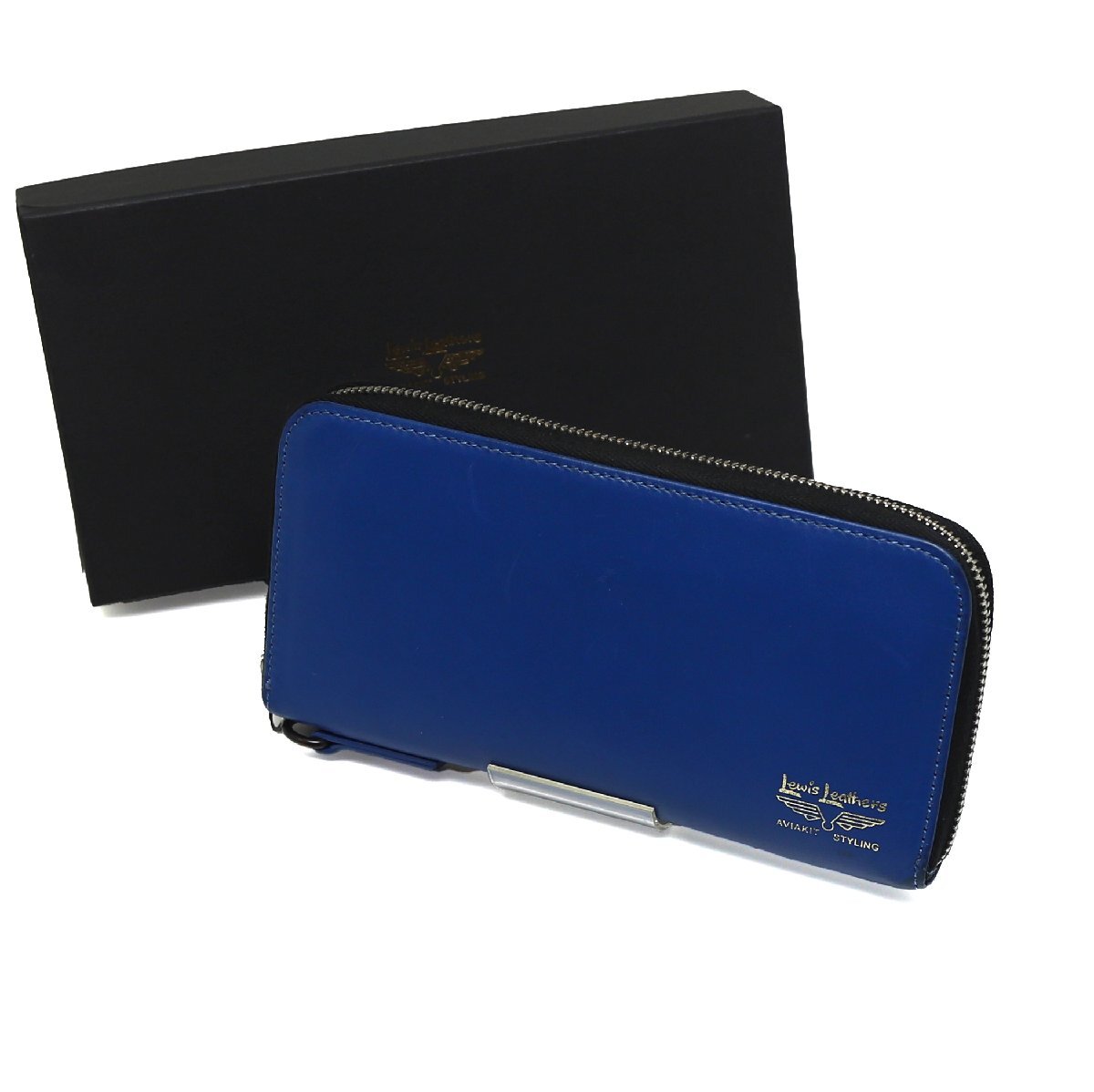 中古品 Lewis Leathers x PORTER LONG WALLET 長財布 馬革 ブルー ラウンドファスナー 390-92364拍卖