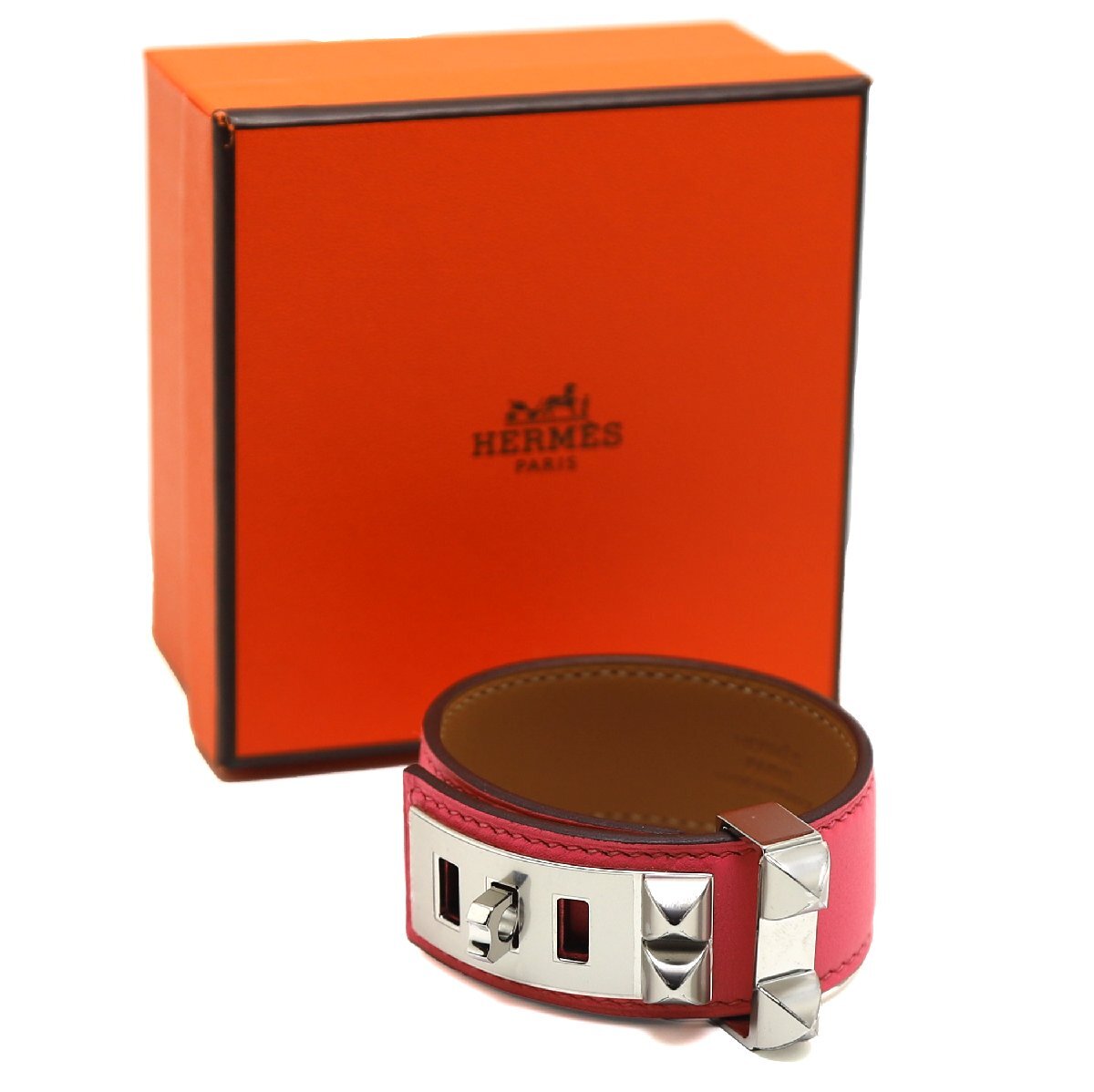 未使用品 エルメス コリエ・ド・シアン 24 ブレスレット スイフト ローズ・ショッキング シルバー金具 T2 D刻印拍卖