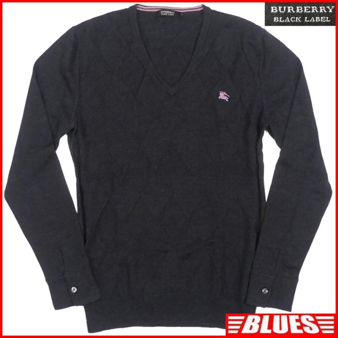即決★BURBERRY BLACK LABEL★メンズM 廃版 ニット セーター バーバリーブラックレーベル 2 グレー ウール Vネック 刺繍拍卖