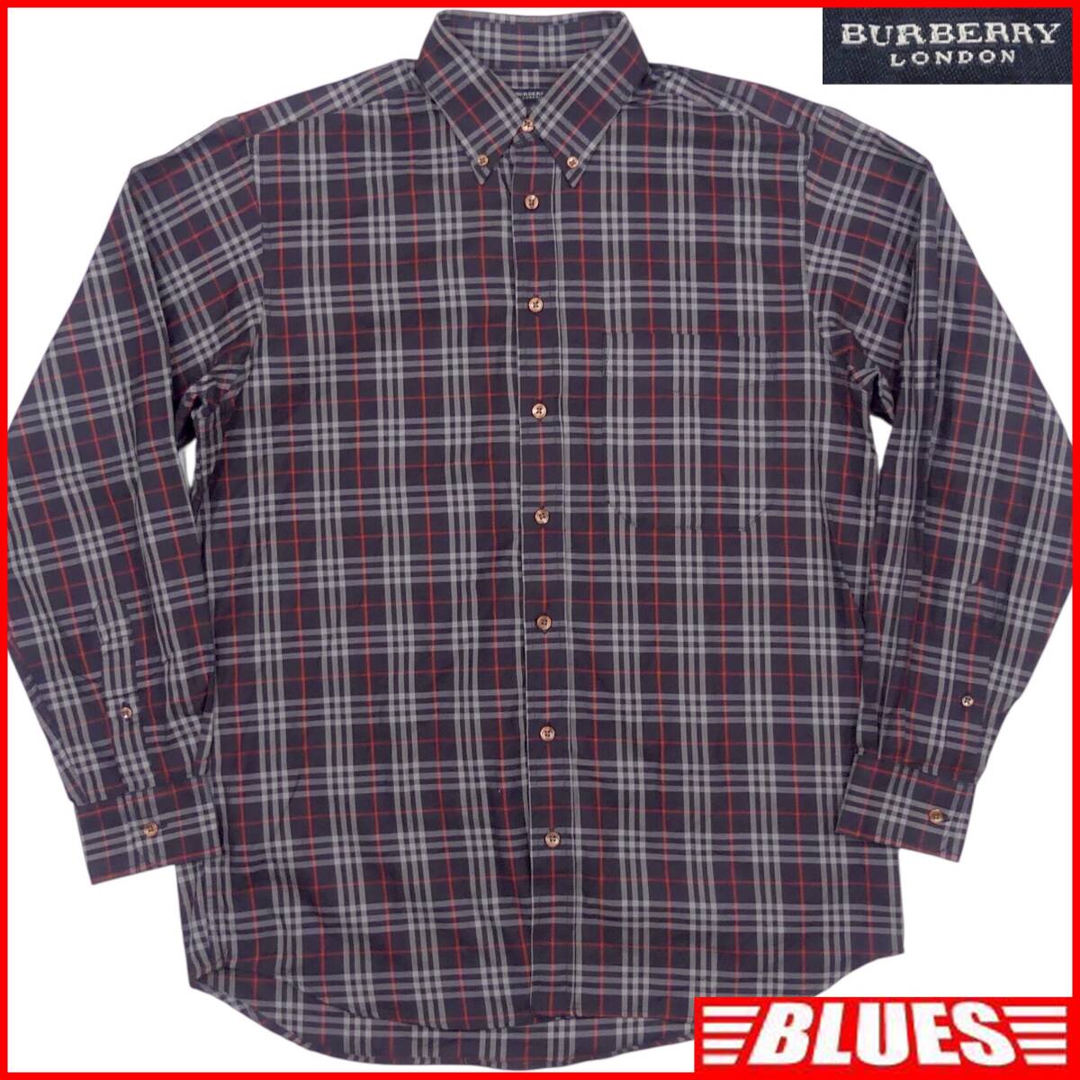 即決★BURBERRY LONDON★メンズ M バーバリーロンドン チェックシャツ 紺 ネイビー 長袖 ボタンダウン拍卖