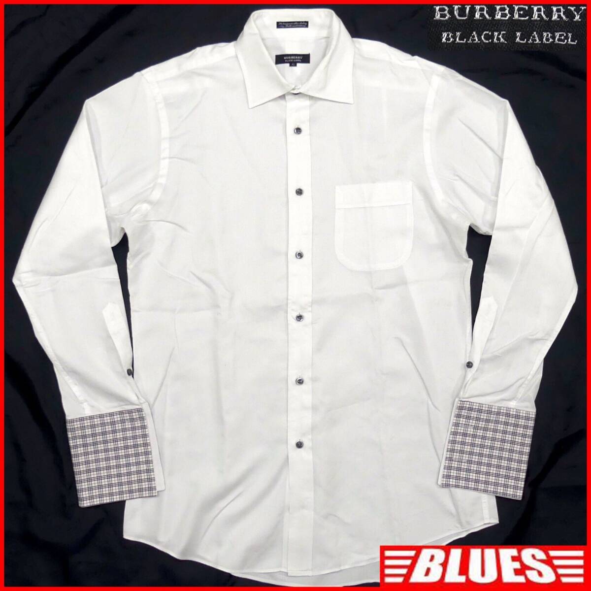 即決★BURBERRY BLACK LABEL★メンズ L 廃版 シャツ バーバリーブラックレーベル 40 白 ノバチェック 長袖 ワイシャツ ダブルカフス拍卖