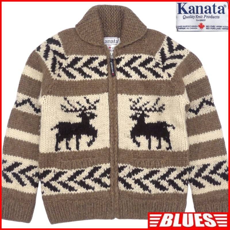即決★カナダ製 KANATA★メンズ XXL カウチンセーター カナタ 44 茶 トナカイ 鹿 ウール ニット セーター カーディガン ジップアップ拍卖