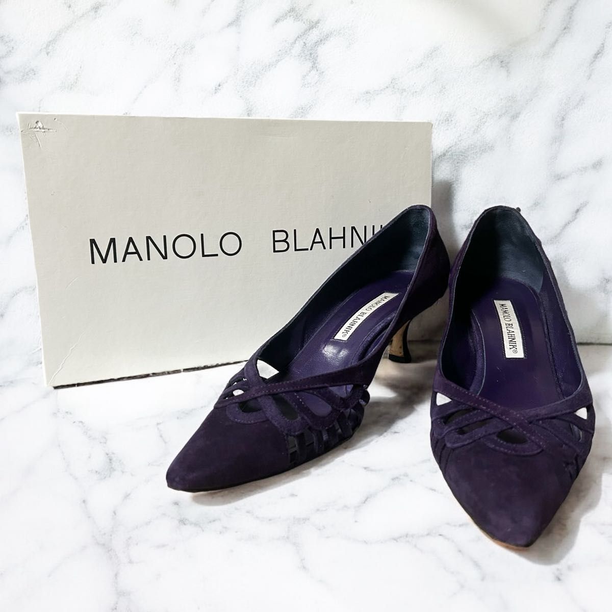 マノロブラニク パンプス ヒール レディース 37 約23.5cm スエード パープル 紫 MANOLO BLAHNIK拍卖