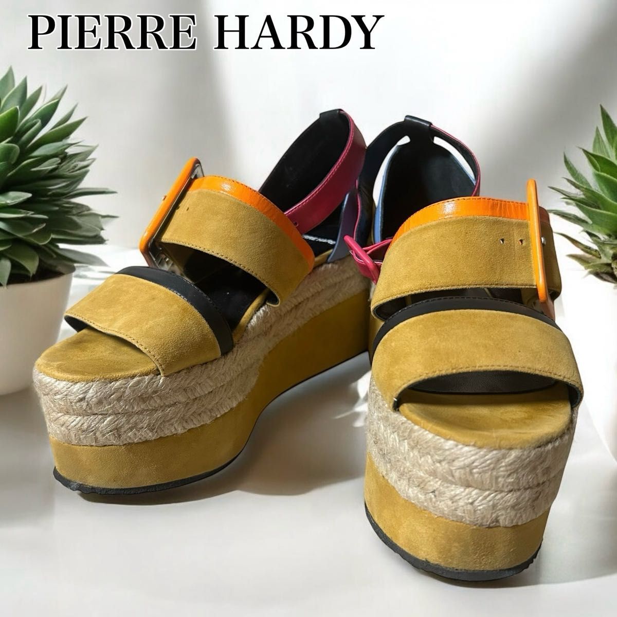 美品 ピエールアルディ PIERREHARDY アルファウエッジソールサンダル 厚底 約23.5cm スエード アンクルストラップ拍卖